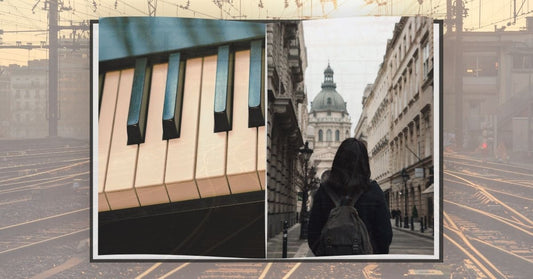 A conceptual collage for a travel blog: piano keys on one side and a woman with a backpack walking toward St. Stephen's Basilica on the other, overlaid on a background of railway tracks, symbolizing a life-changing journey to Budapest.