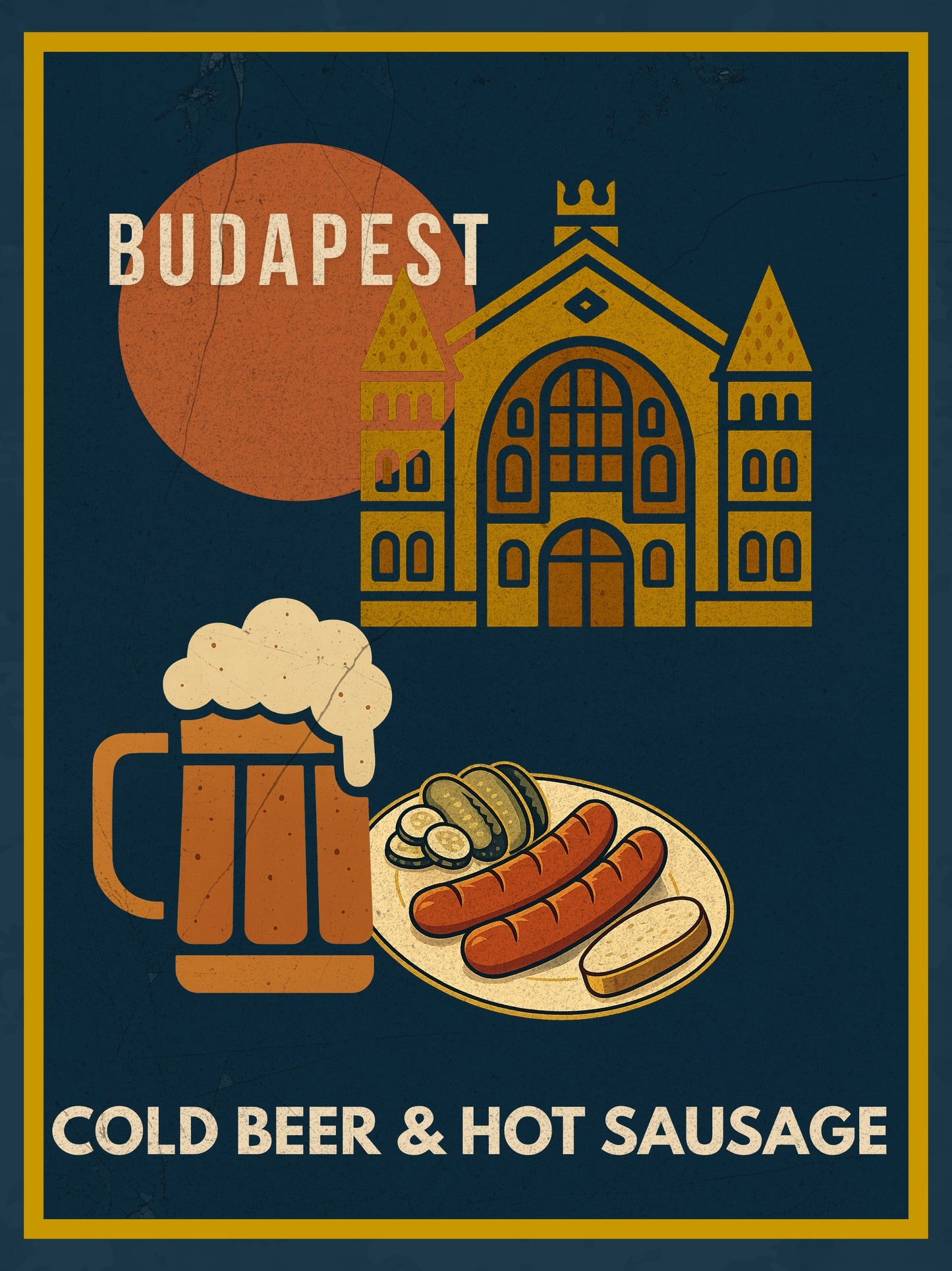 Budapest Cold Beer & Hot Sausage digital wall art poster, vintage-style illustration inspired by Hungarian street food, designed for modern home and café interiors.