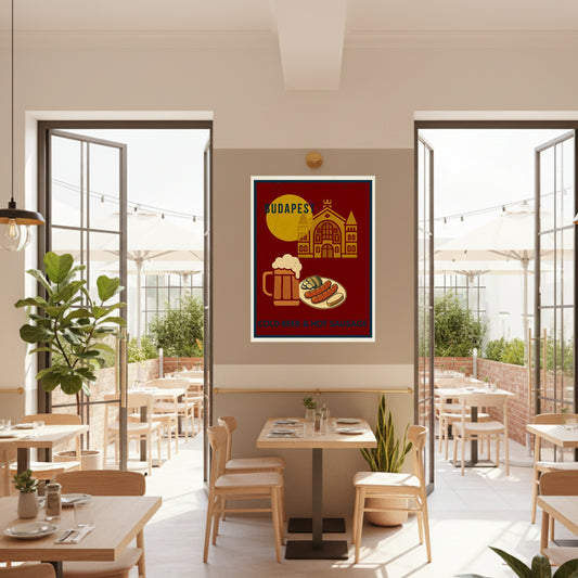 Budapest Urban Gastro wall art displayed inside a bright bistro with an outdoor terrace visible.