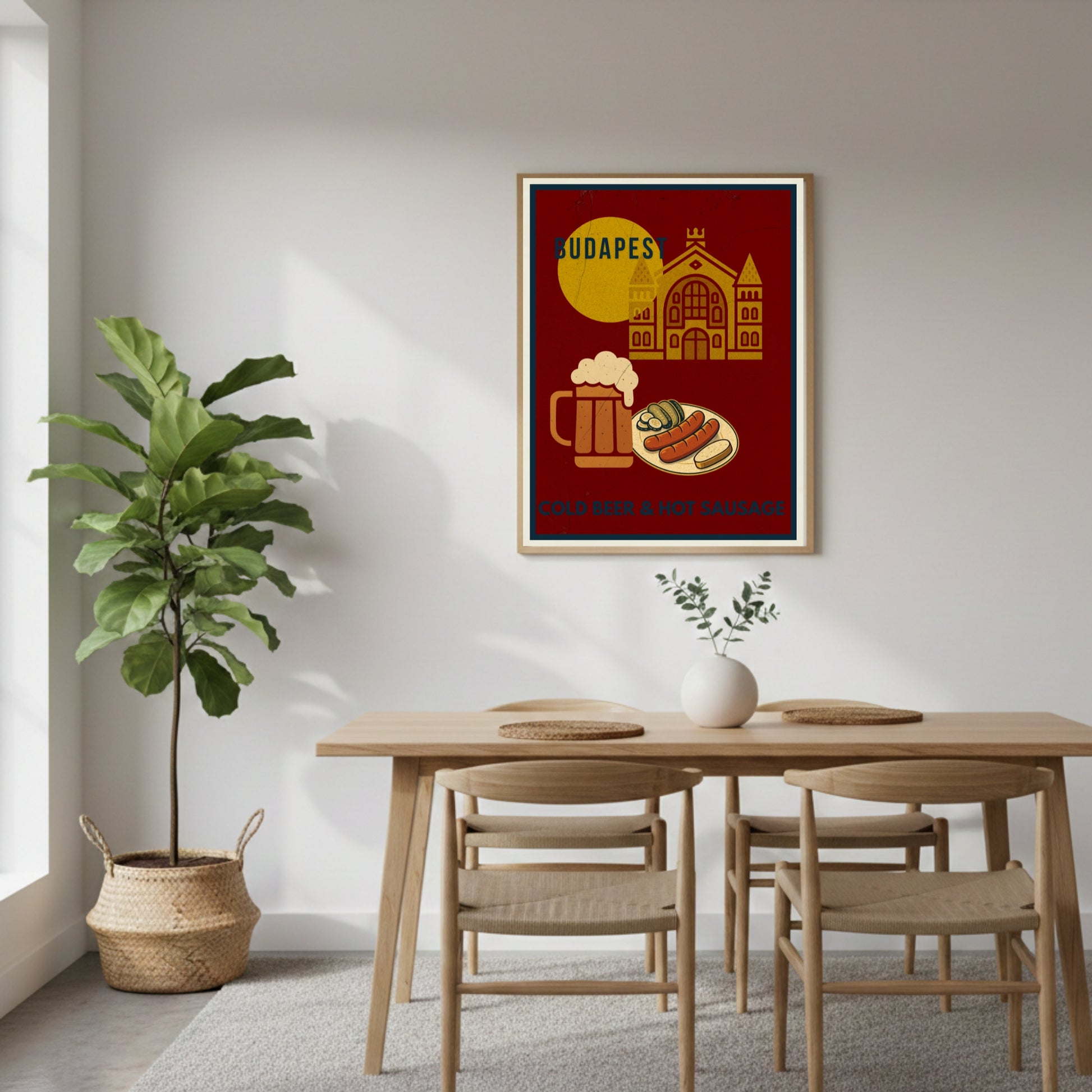 Framed Budapest Urban Gastro poster displayed in a bright Scandinavian dining room with light wood furniture and natural daylight.
