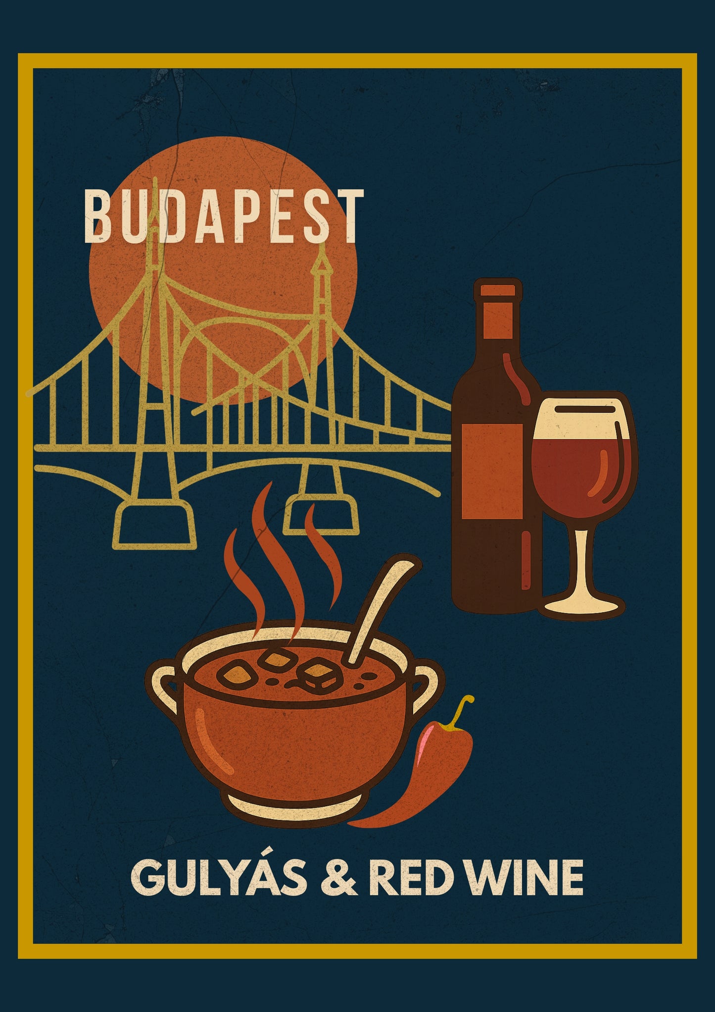 Budapest Gulyas & Red Wine digital wall art poster, vintage-style illustration inspired by Hungarian street food, designed for modern home and café interiors.