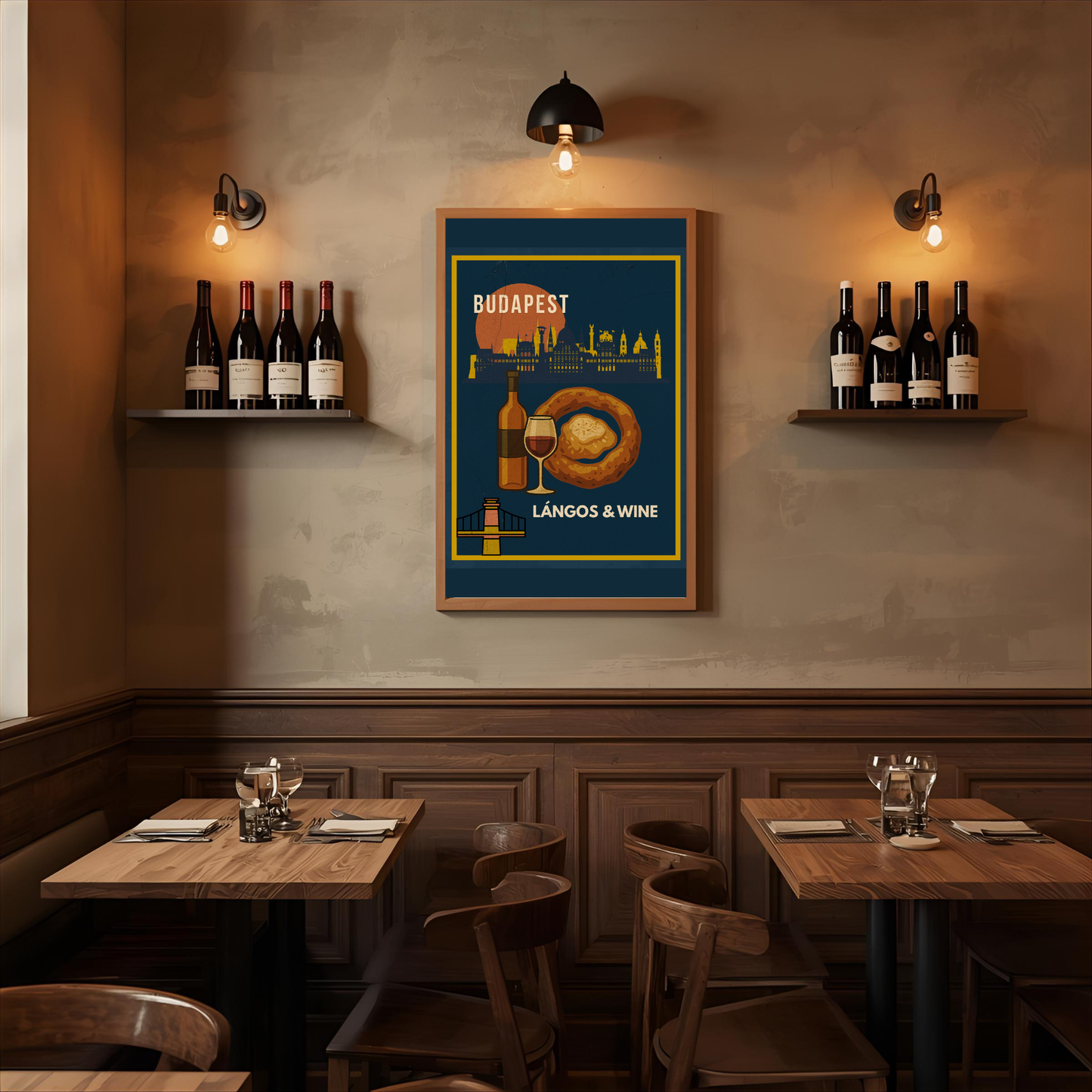 Budapest poster – Lángos & Wine Hungarian food art in warm bistro interior, premium printable wall art, digital download.
