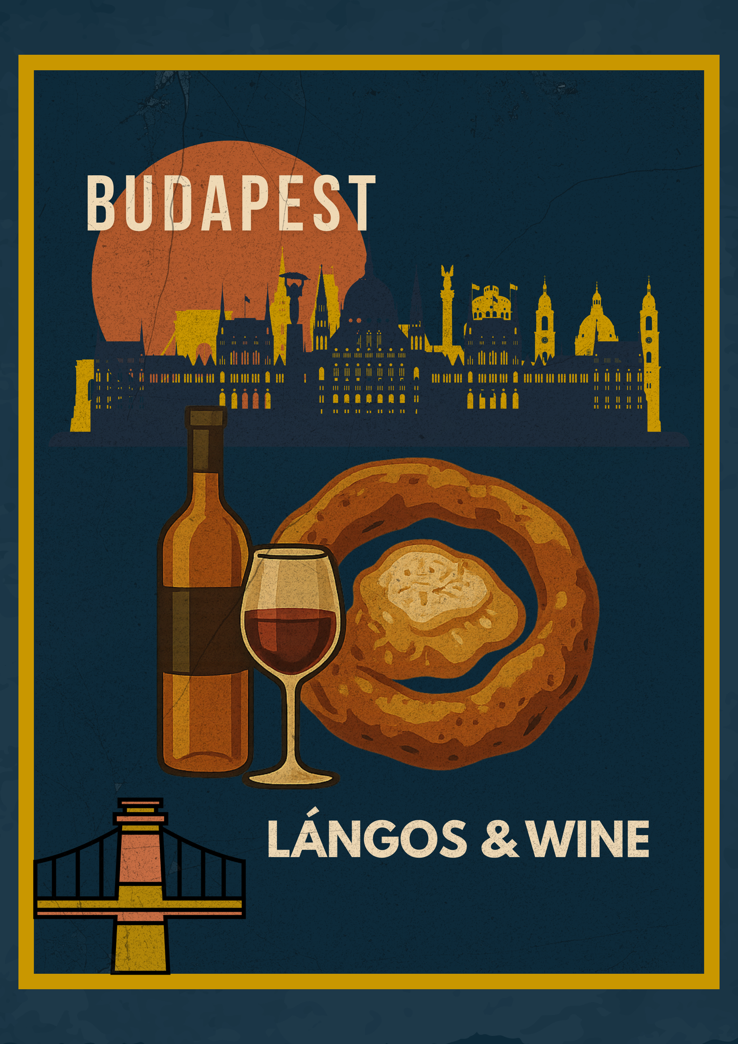 Budapest Lángos & Wine digital wall art poster, Hungarian food-inspired illustration designed for home and café interiors.