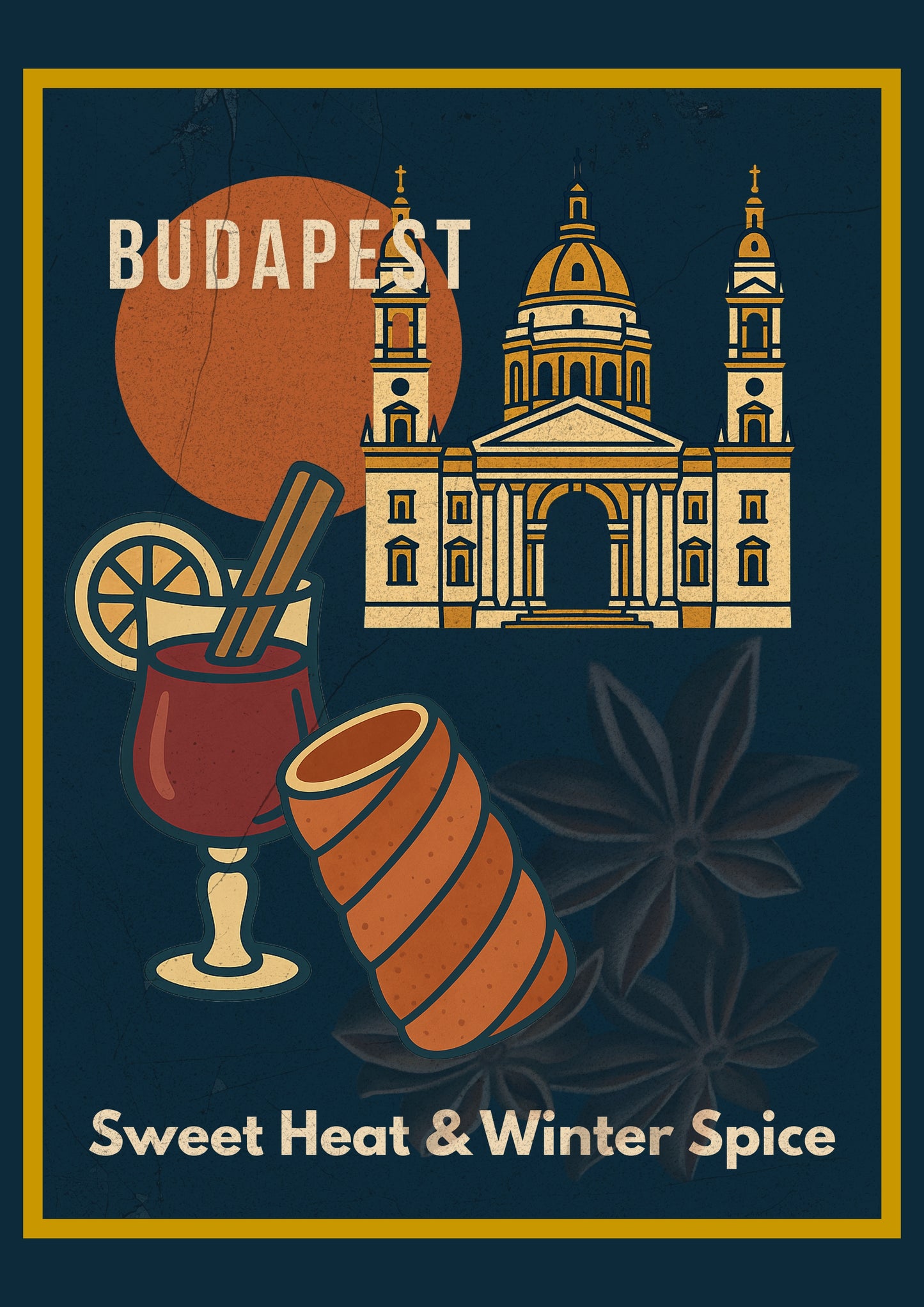 Budapest Sweet Heat & Winter Spice digital wall art poster, vintage-style illustration inspired by Hungarian street food, designed for modern home and café interiors.