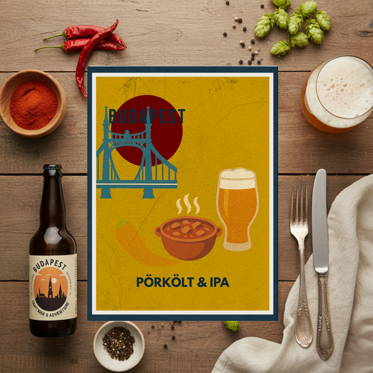 Budapest Urban Gastro – Pörkölt & IPA – Liberty Bridge Poster