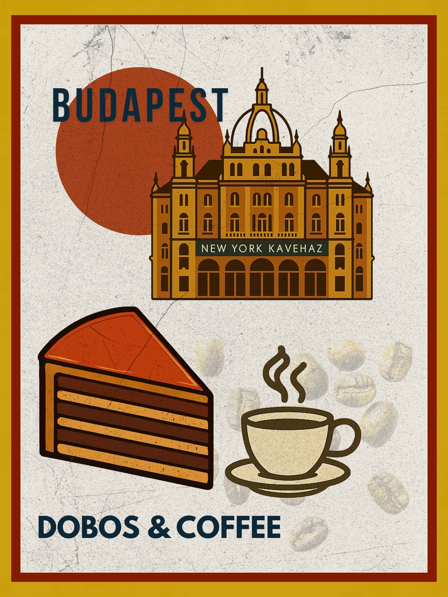Budapest Lángos & Wine digital wall art poster, vintage-style illustration inspired by Hungarian street food, designed for modern home and café interiors.