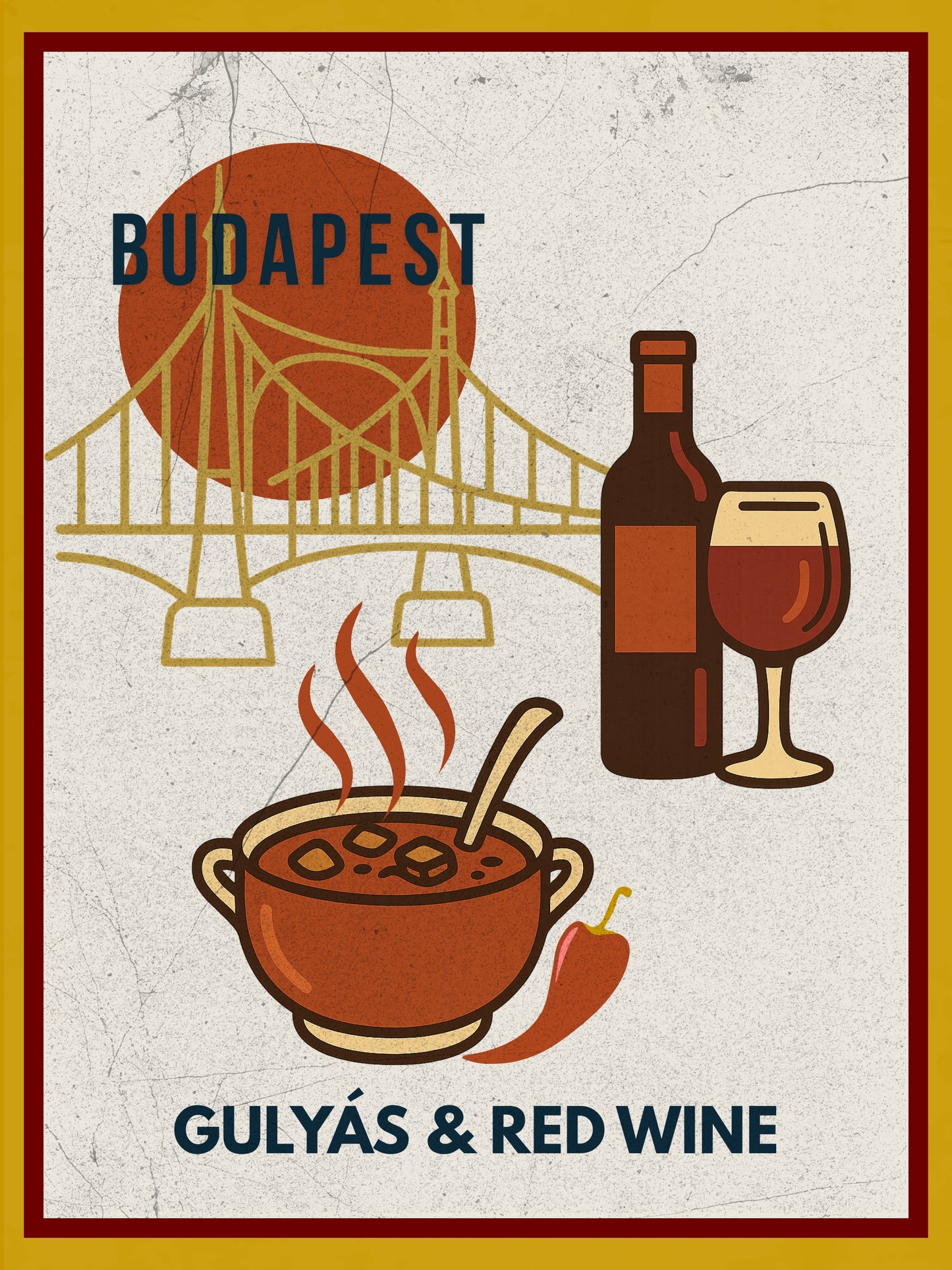 Budapest Gulyás & Red Wine digital wall art poster, vintage-style illustration inspired by Hungarian street food, designed for modern home and café interiors.