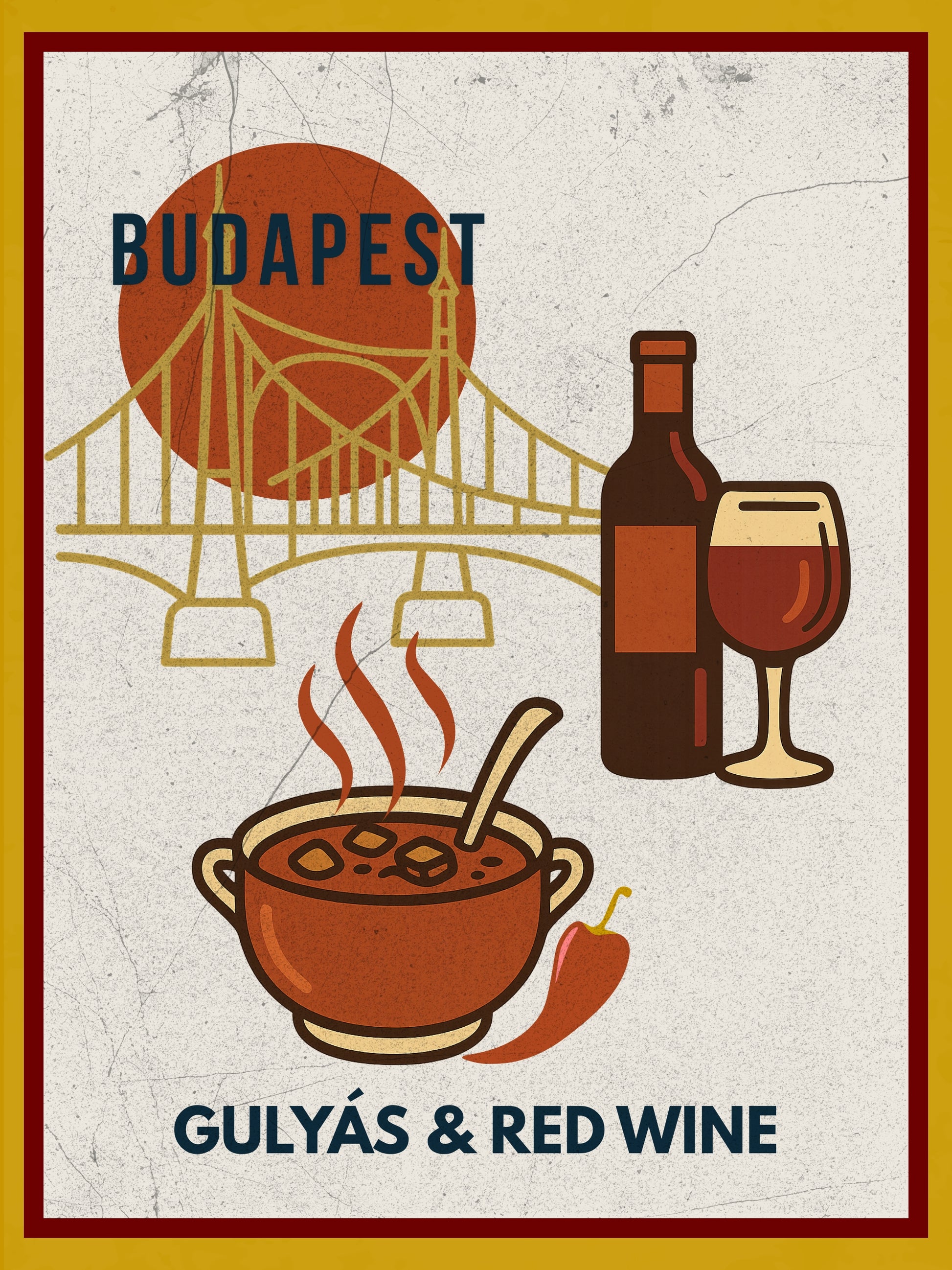 Budapest Gulyás & Red Wine digital wall art poster, vintage-style illustration inspired by Hungarian street food, designed for modern home and café interiors.