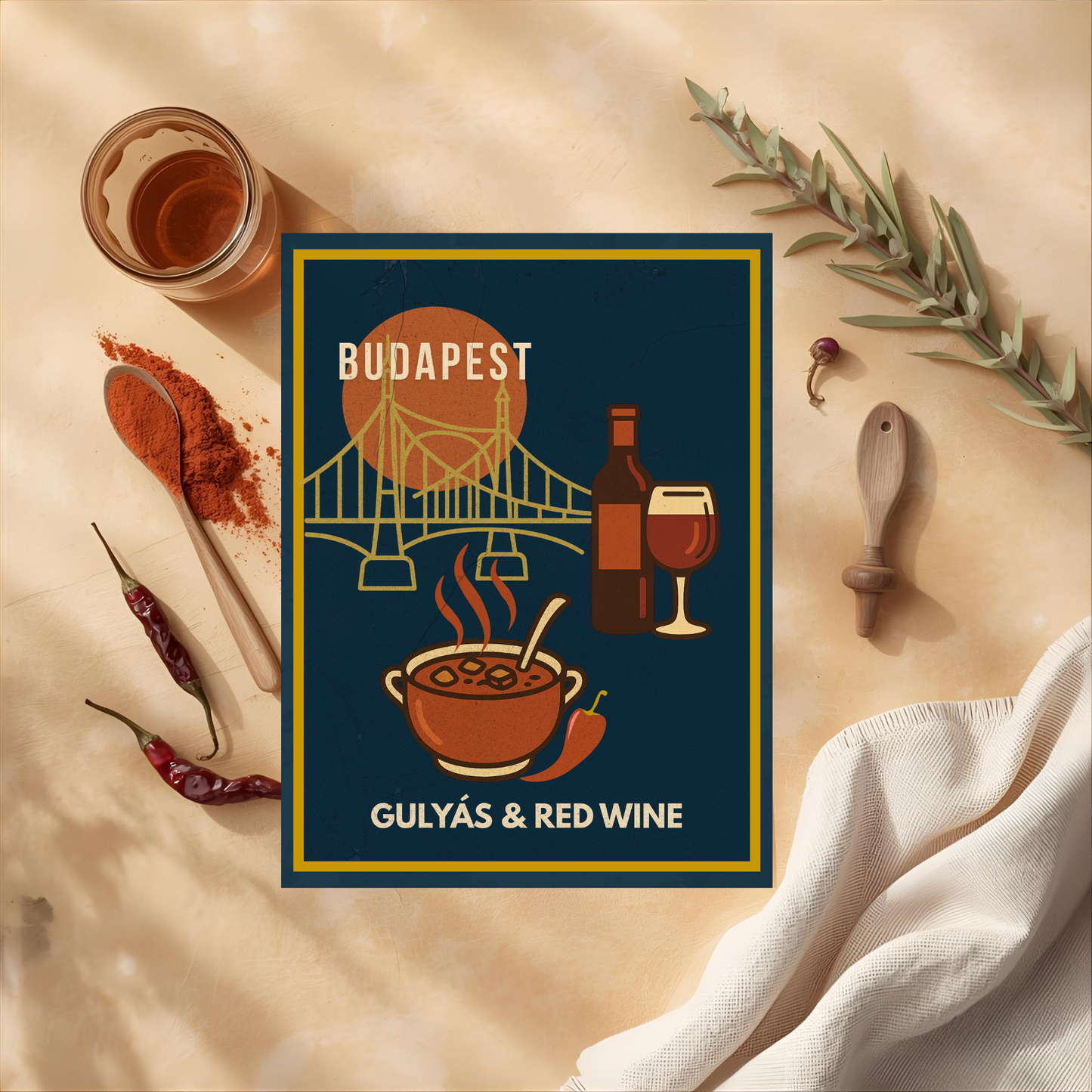 Budapest Urban Gastro – Gulyás & Red Wine Poster (Premium Matt)