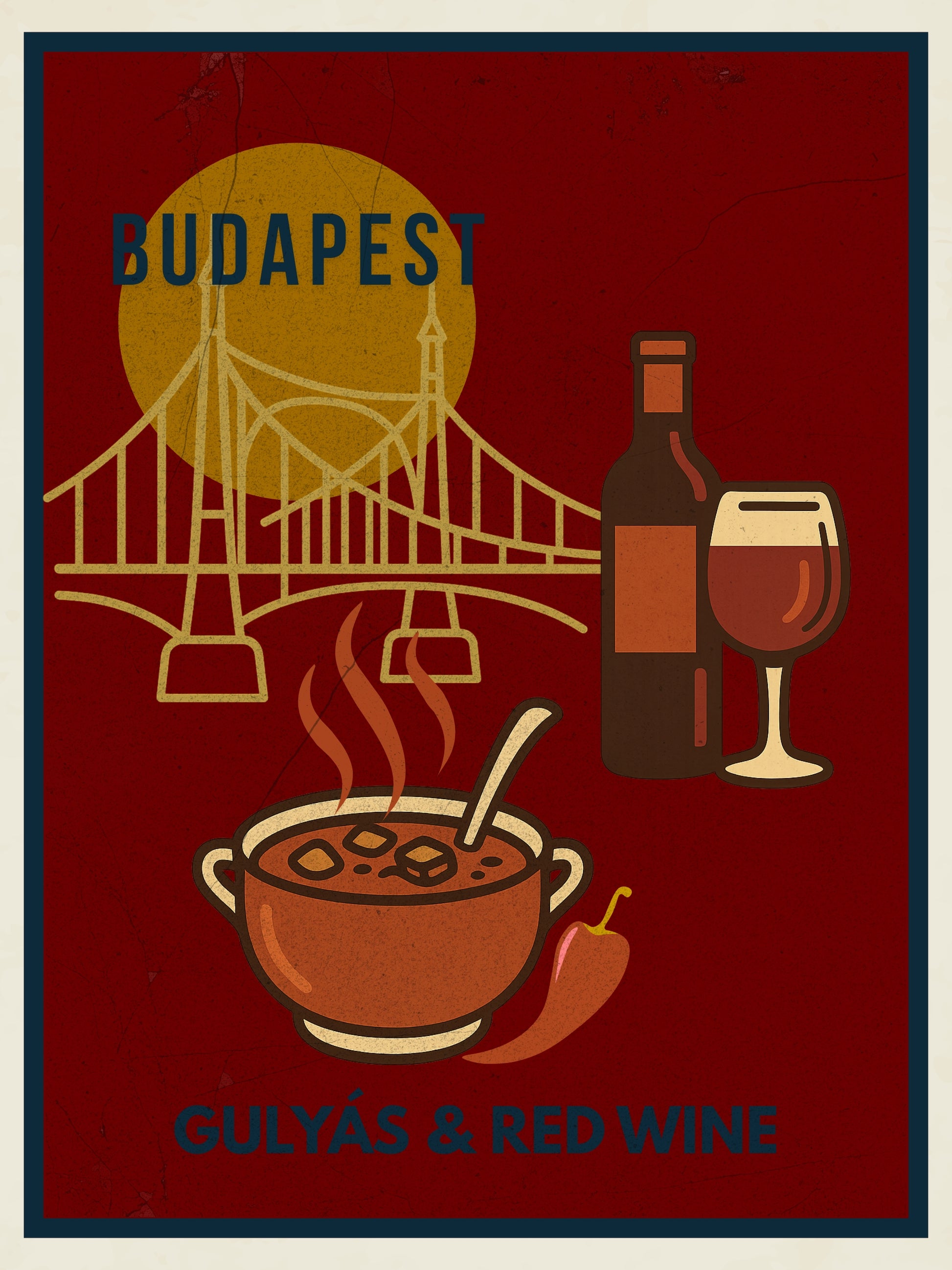 Budapest Gulyás & Red Wine digital wall art poster, vintage-style illustration inspired by Hungarian street food, designed for modern home and café interiors.