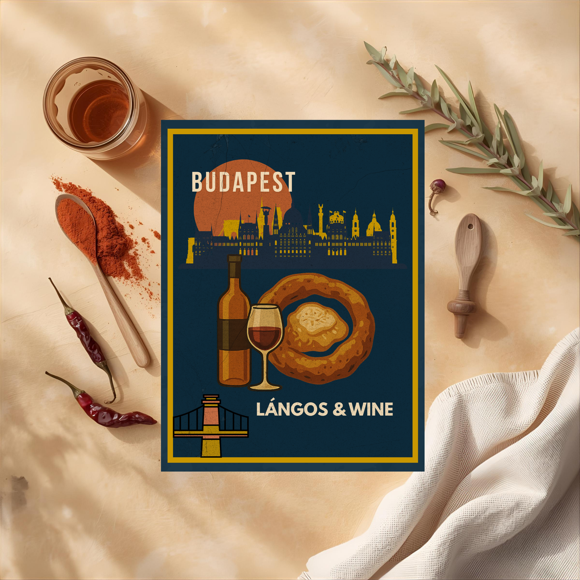 Hungarian cuisine poster – Lángos & Wine food illustration, Budapest printable kitchen decor, paprika flatlay digital art.
