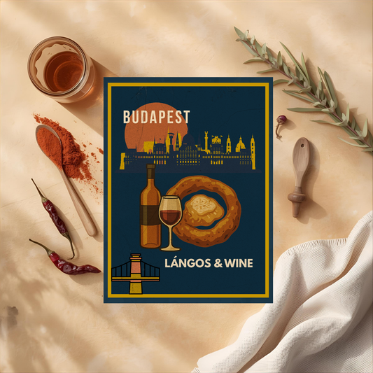 Hungarian cuisine poster – Lángos & Wine food illustration, Budapest printable kitchen decor, paprika flatlay digital art.