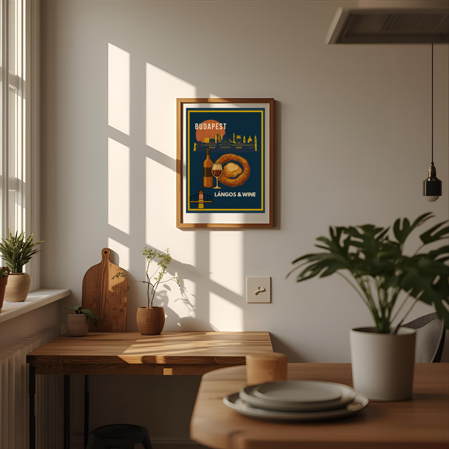 Printable kitchen wall art – Budapest Lángos & Wine poster in sunlit home interior, Hungarian food digital print.