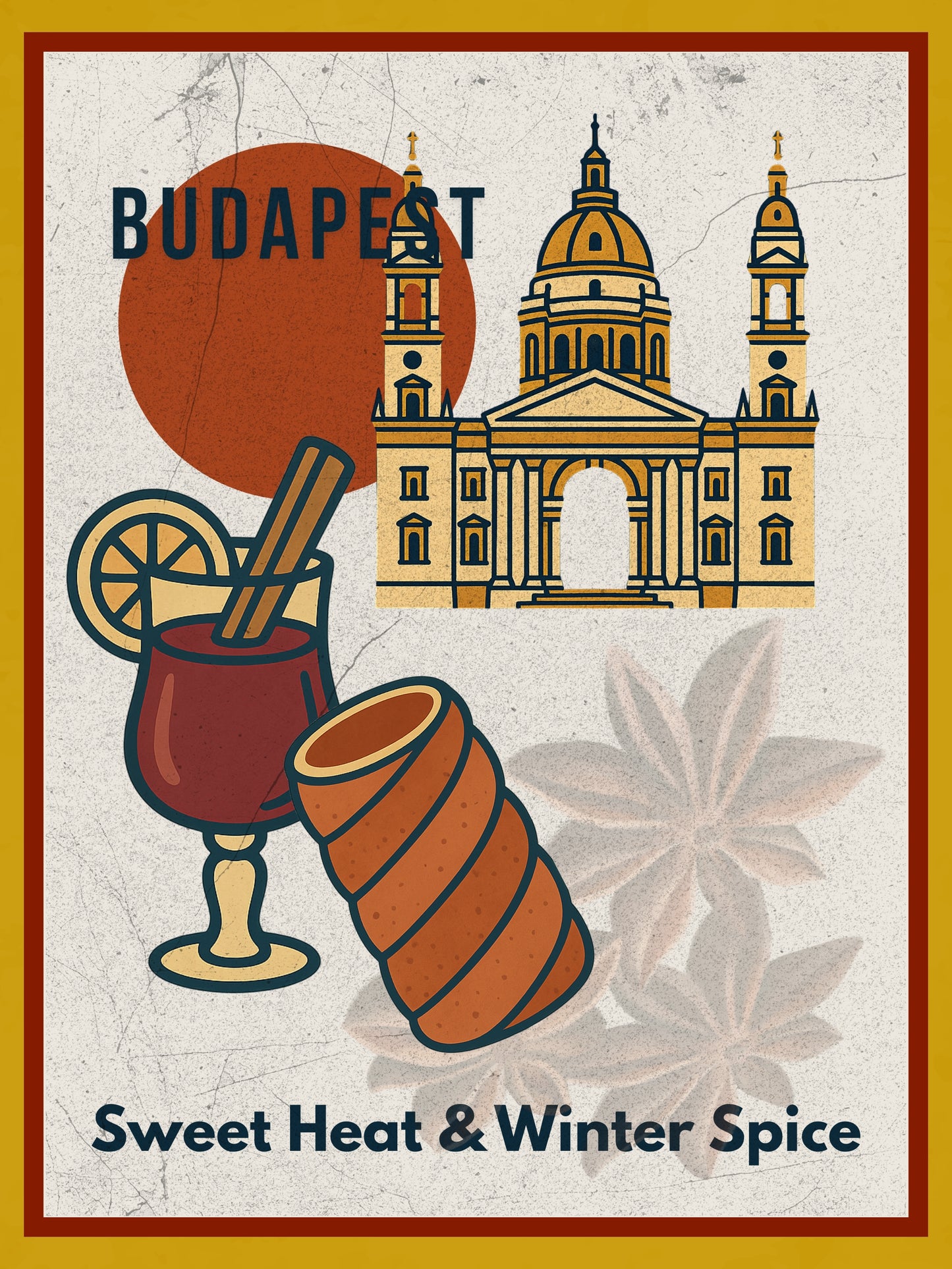 Budapest Sweet Heat & Winter Spice 
digital wall art poster, vintage-style illustration inspired by Hungarian street food, designed for modern home and café interiors.