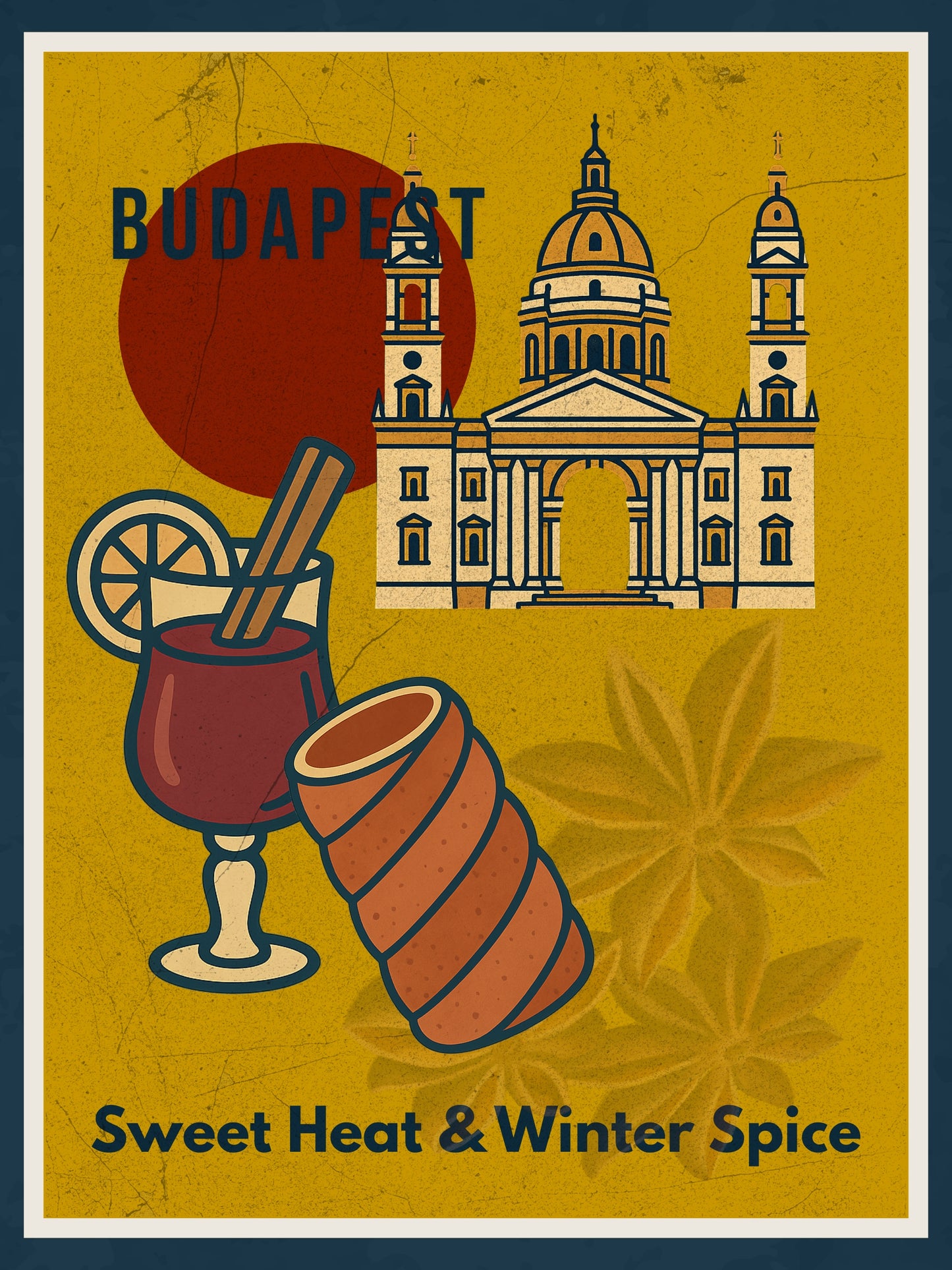 Budapest Sweet Heat & Winter Spice digital wall art poster, vintage-style illustration inspired by Hungarian street food, designed for modern home and café interiors.