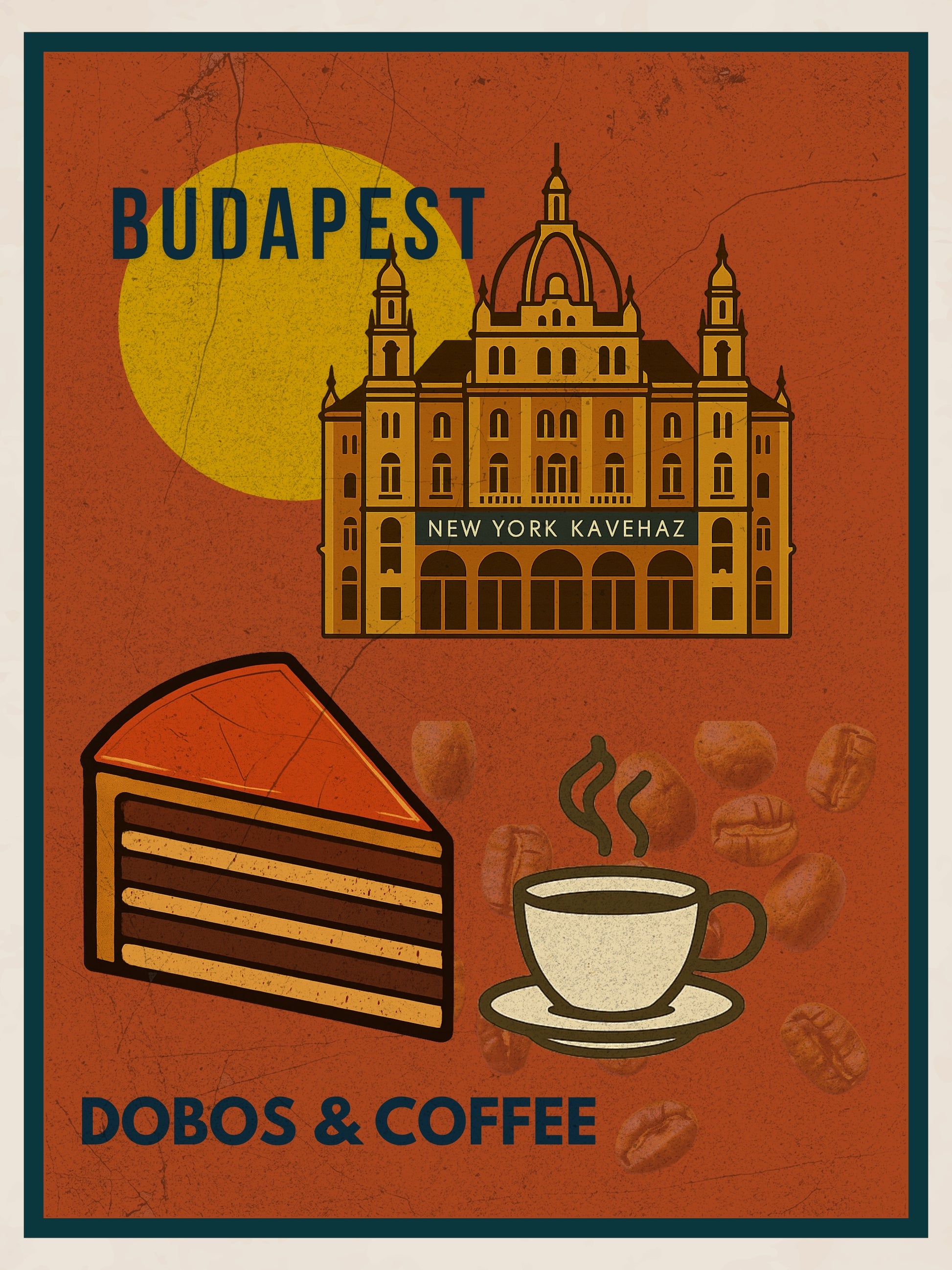 Budapest Dobos & Coffee digital wall art poster, vintage-style illustration inspired by Hungarian street food, designed for modern home and café interiors.