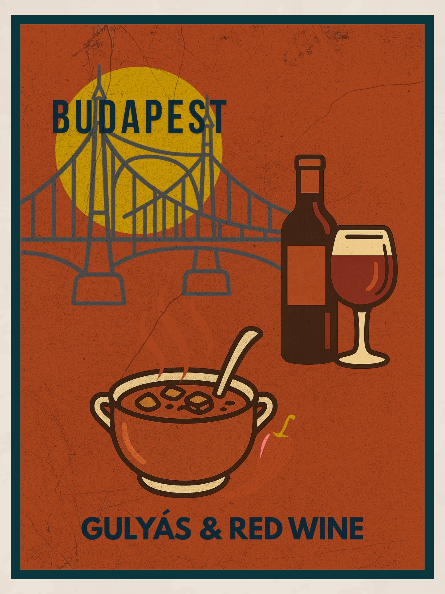 Budapest Gulyás & Red Wine digital wall art poster, vintage-style illustration inspired by Hungarian street food, designed for modern home and café interiors.