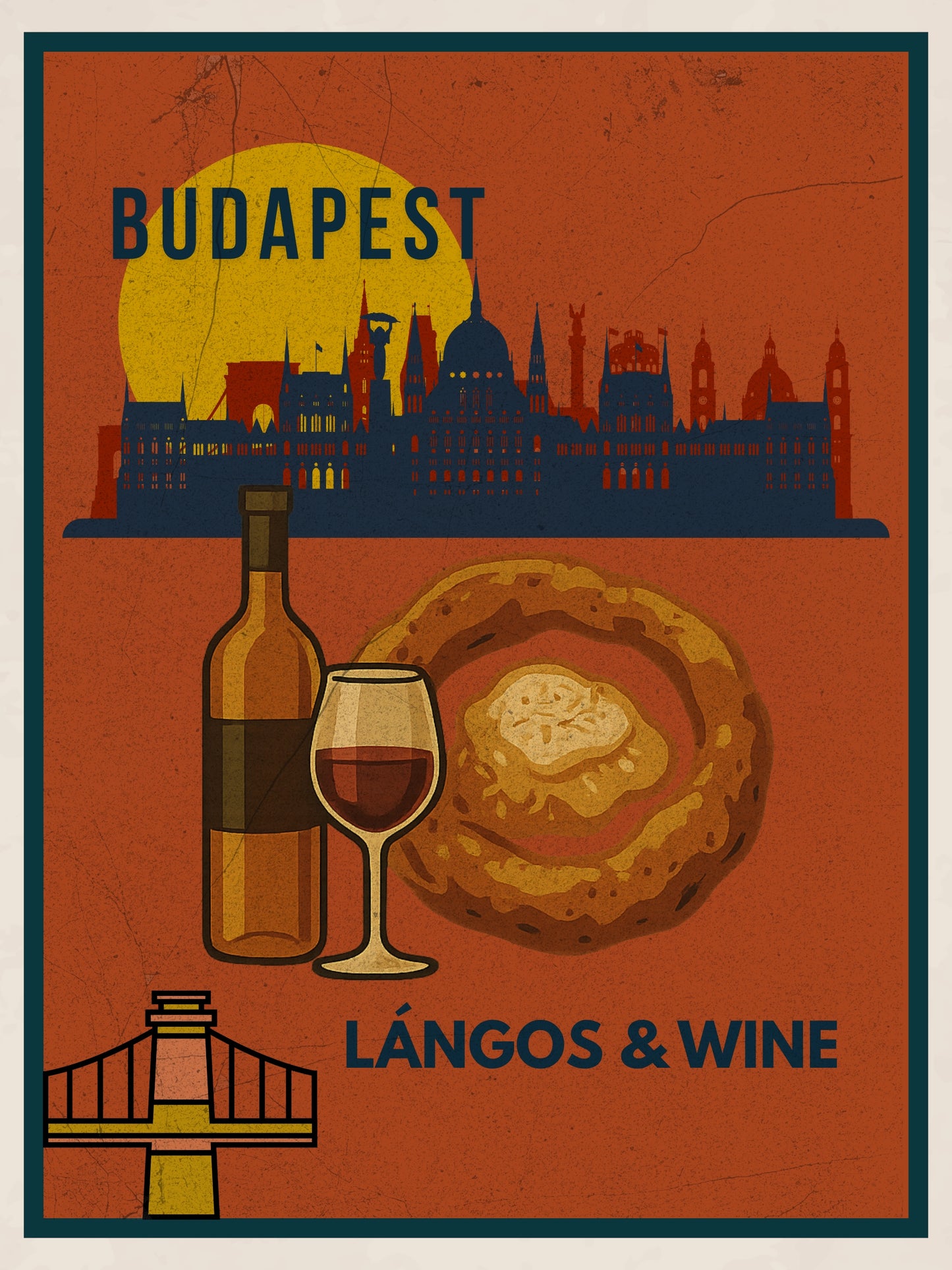 Budapest Lángos & Wine digital wall art poster, Hungarian food-inspired illustration designed for home and café interiors.