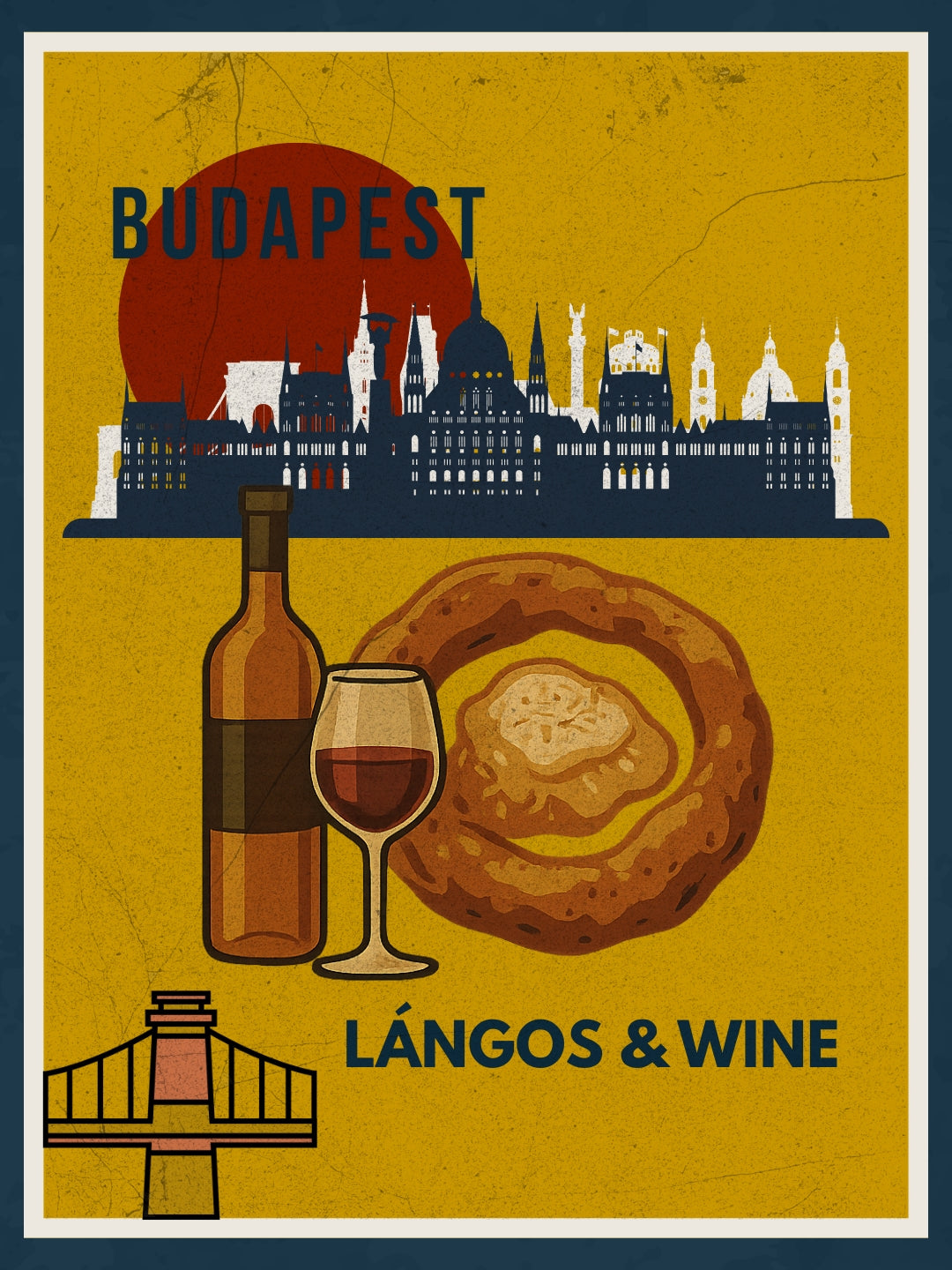 Budapest Lángos & Wine digital wall art poster, vintage-style illustration inspired by Hungarian street food, designed for modern home and café interiors.