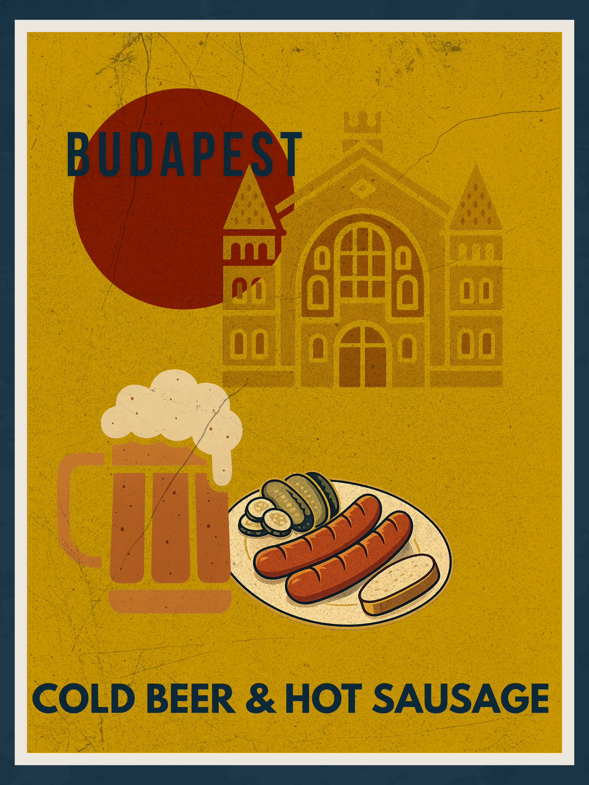 Budapest Cold Beer & Hot Sausage digital wall art poster, vintage-style illustration inspired by Hungarian street food, designed for modern home and café interiors.