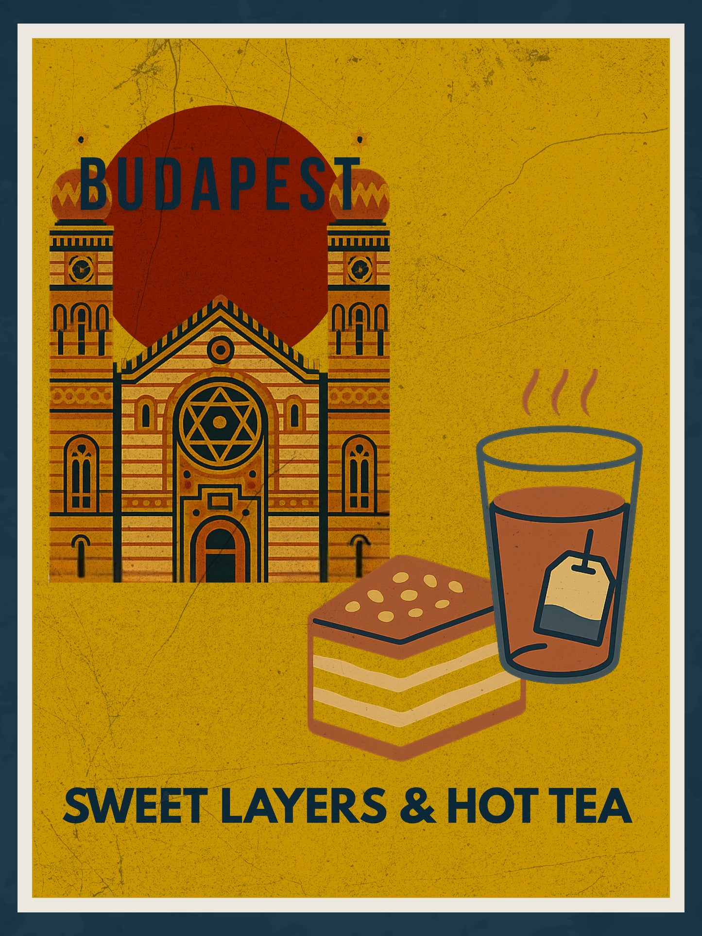 Budapest Sweet Layers & Hot Tea digital wall art poster, vintage-style illustration inspired by Hungarian street food, designed for modern home and café interiors. 