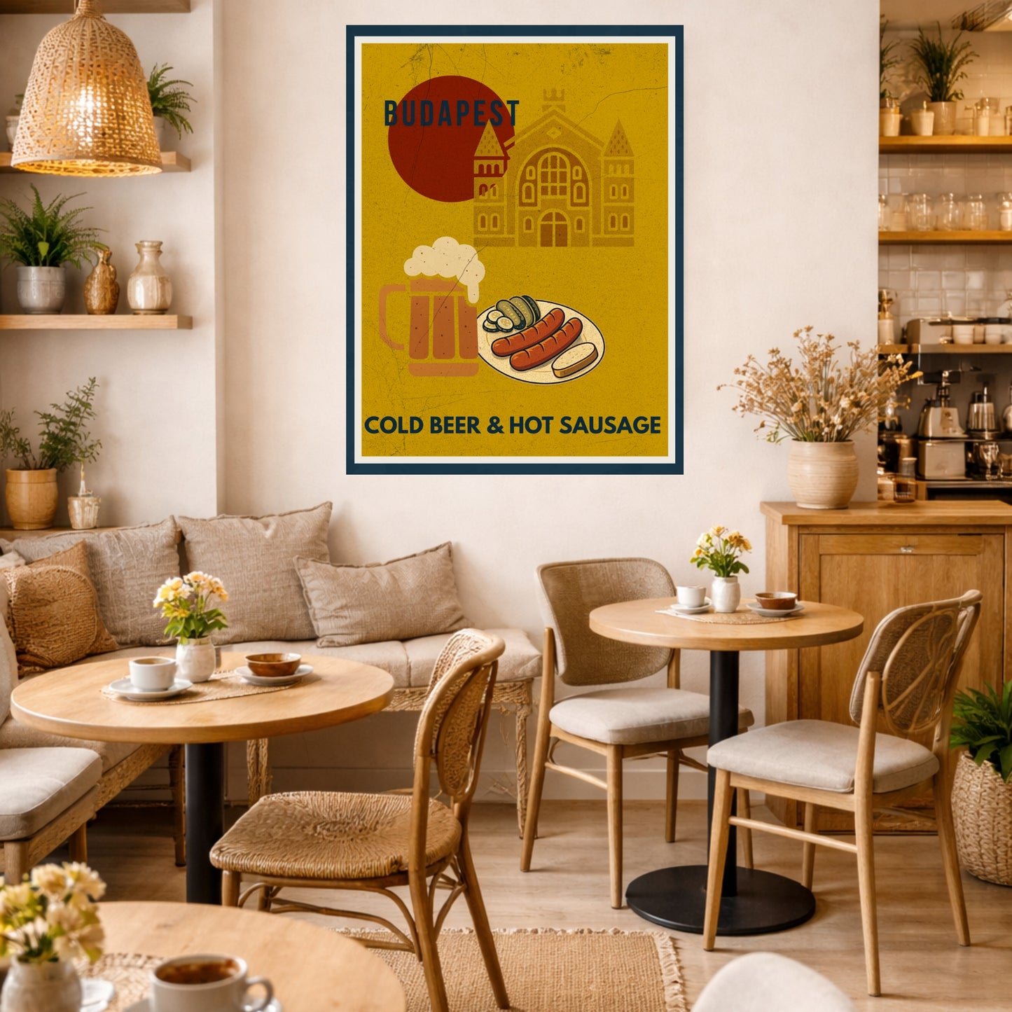 Budapest Urban Gastro wall art poster featuring cold beer and hot sausage displayed in a bright, modern café interior with natural light, wooden furniture, and a cozy bistro atmosphere.
