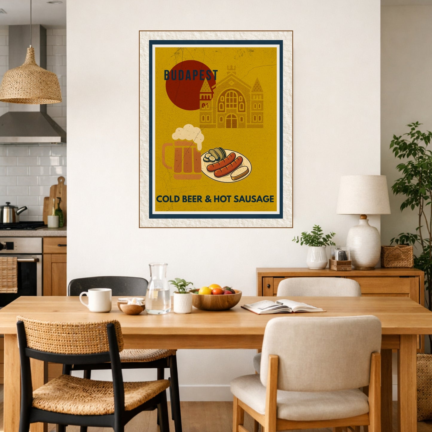 Budapest Urban Gastro wall art poster featuring cold beer and hot sausage displayed in a bright, modern café interior with natural light, wooden furniture, and a cozy bistro atmosphere.