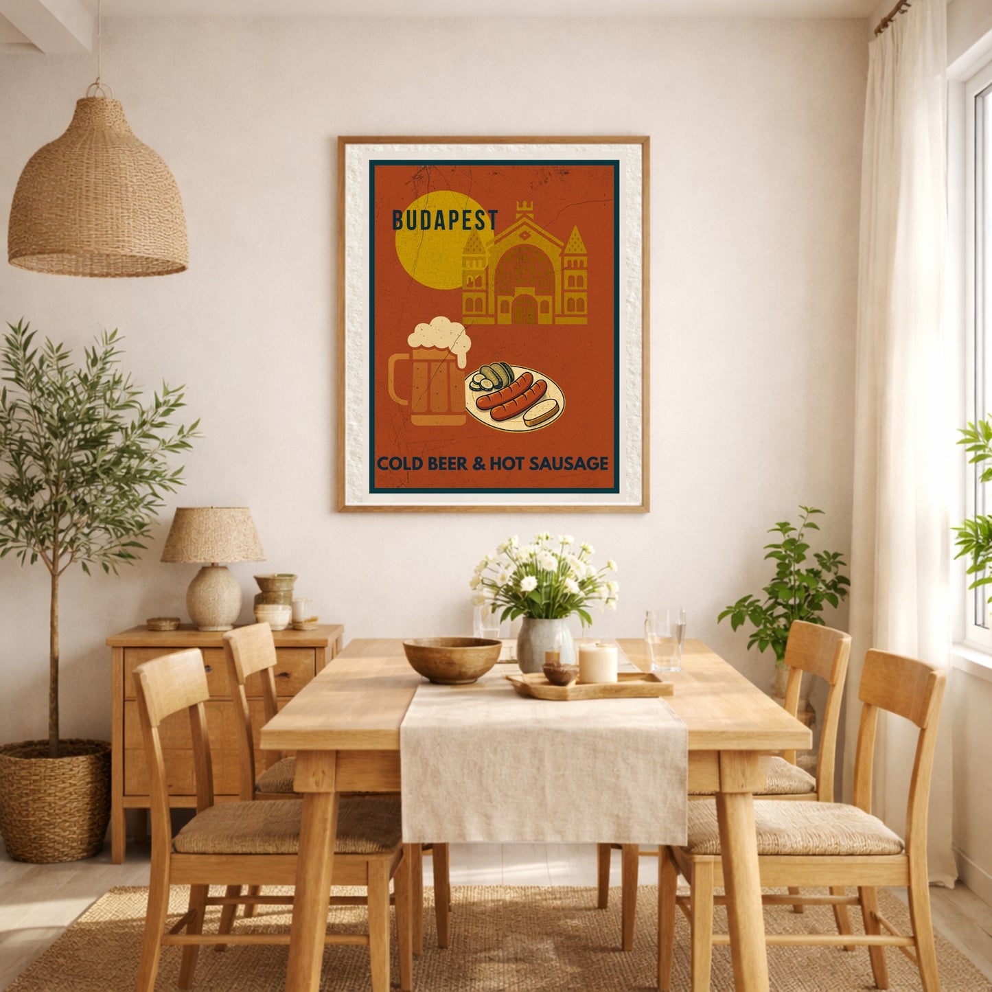 Budapest Urban Gastro wall art in a cozy, bohemian-inspired home dining room with natural materials.