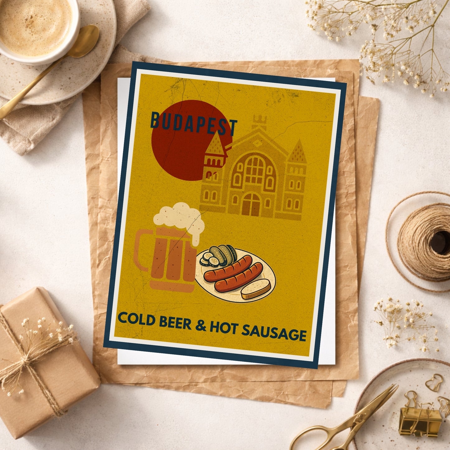Budapest Urban Gastro cold beer and hot sausage poster styled as an elegant flat lay on a light surface with kraft paper, gift wrapping details, and minimal lifestyle accessories.