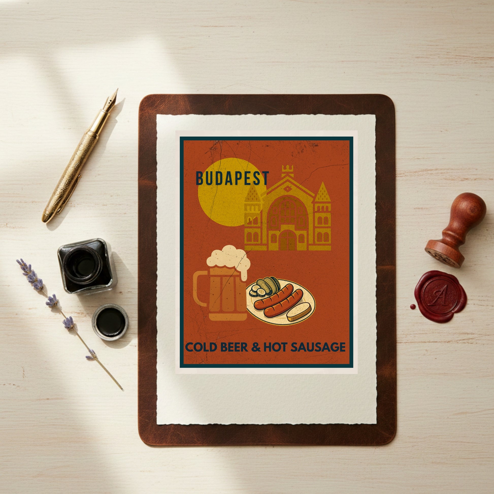 Elegant flatlay mockup of a Budapest Urban Gastro poster on a neutral tabletop.