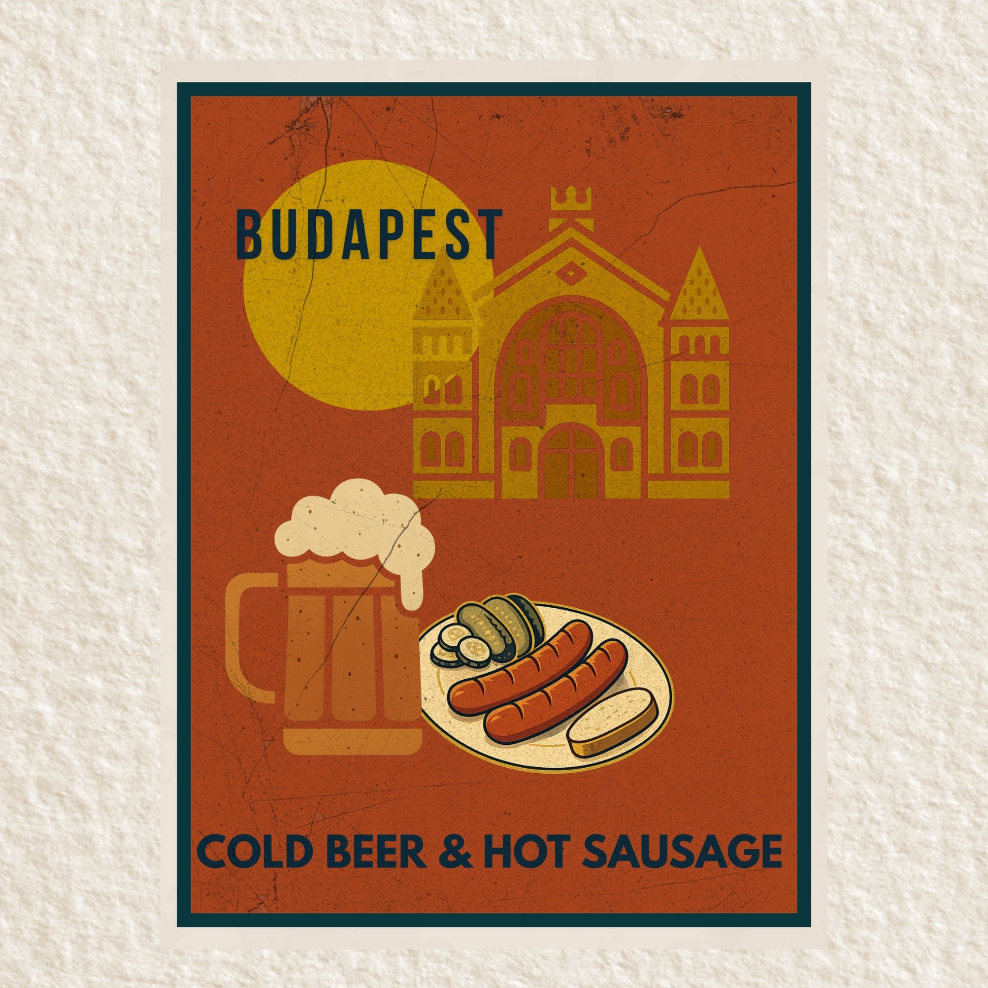 Budapest Cold Beer & Hot Coffee digital wall art poster, vintage-style illustration inspired by Hungarian street food, designed for modern home and café interiors.