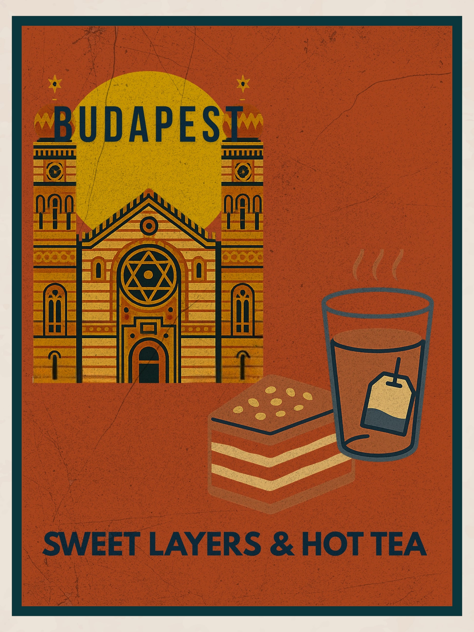 Budapest Sweet Layers & Hot Tea digital wall art poster, vintage-style illustration inspired by Hungarian street food, designed for modern home and café interiors.