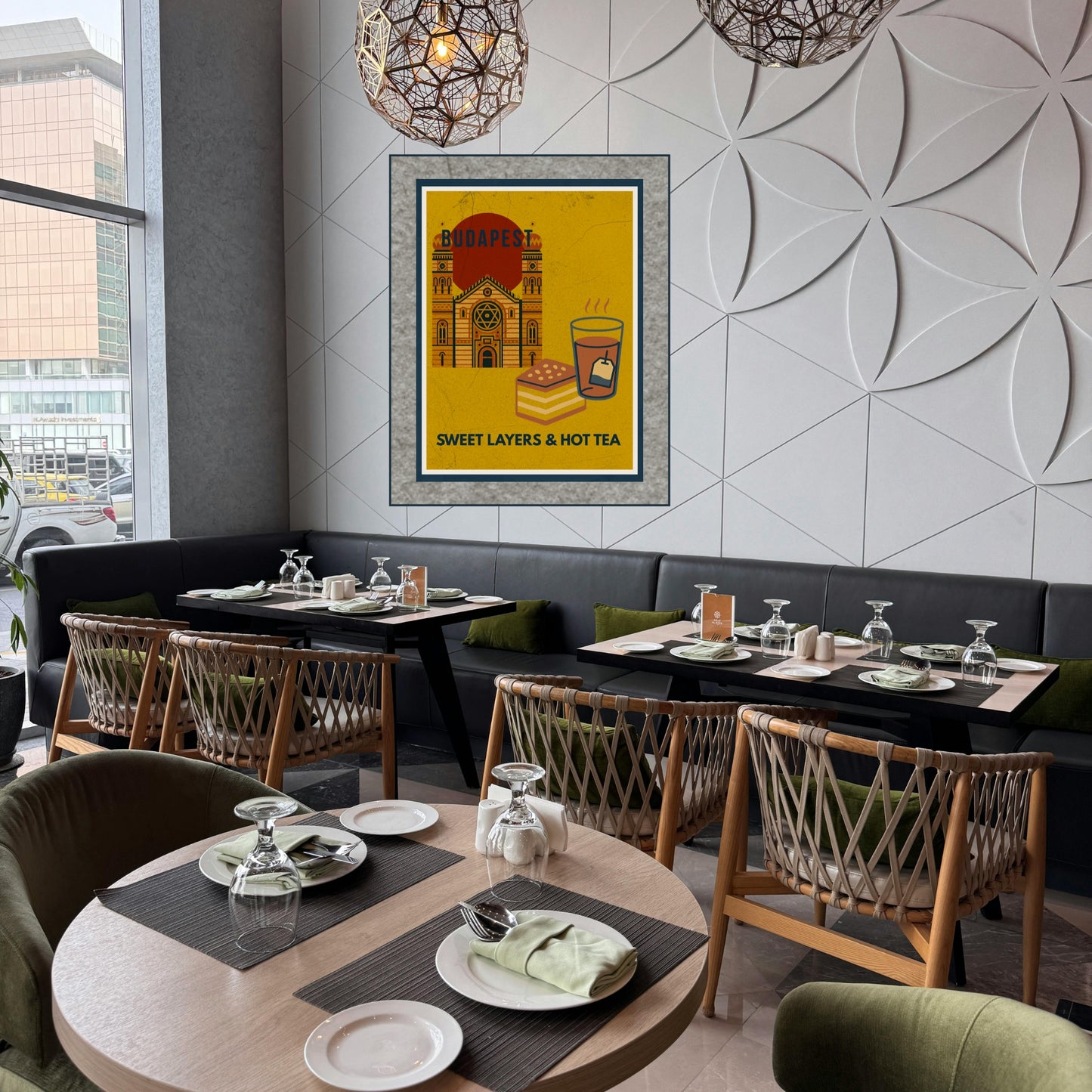 Budapest Sweet Layers & Hot Tea art poster displayed in a modern, light-filled bistro interior with wooden furniture and a cozy café atmosphere
