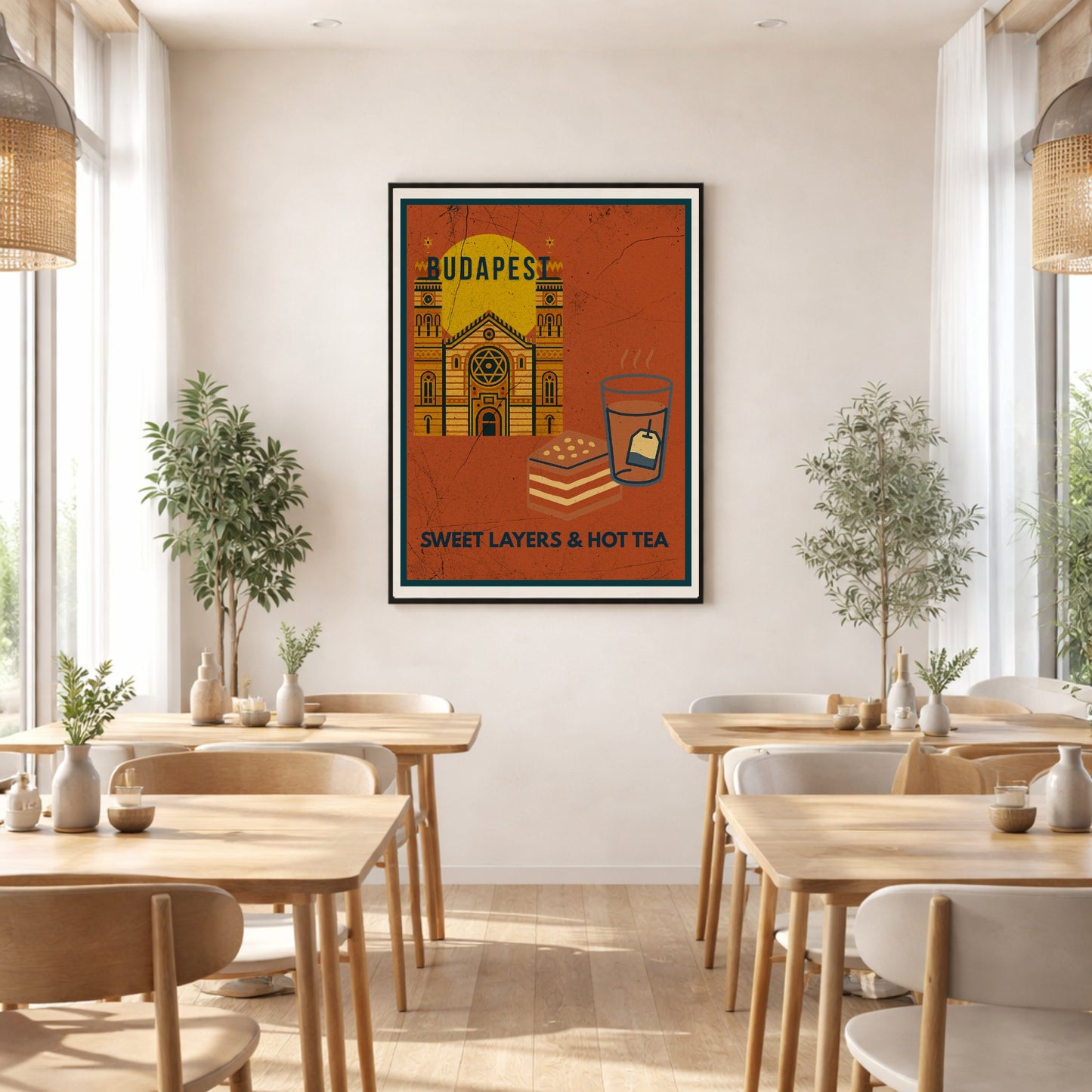 Budapest Sweet Layers & Hot Tea art poster displayed on a café wall in a bright, modern bistro interior with wooden furniture and natural light.