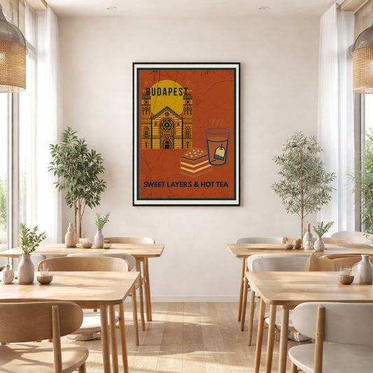 Budapest Sweet Layers & Hot Tea art poster displayed on a café wall in a bright, modern bistro interior with wooden furniture and natural light.