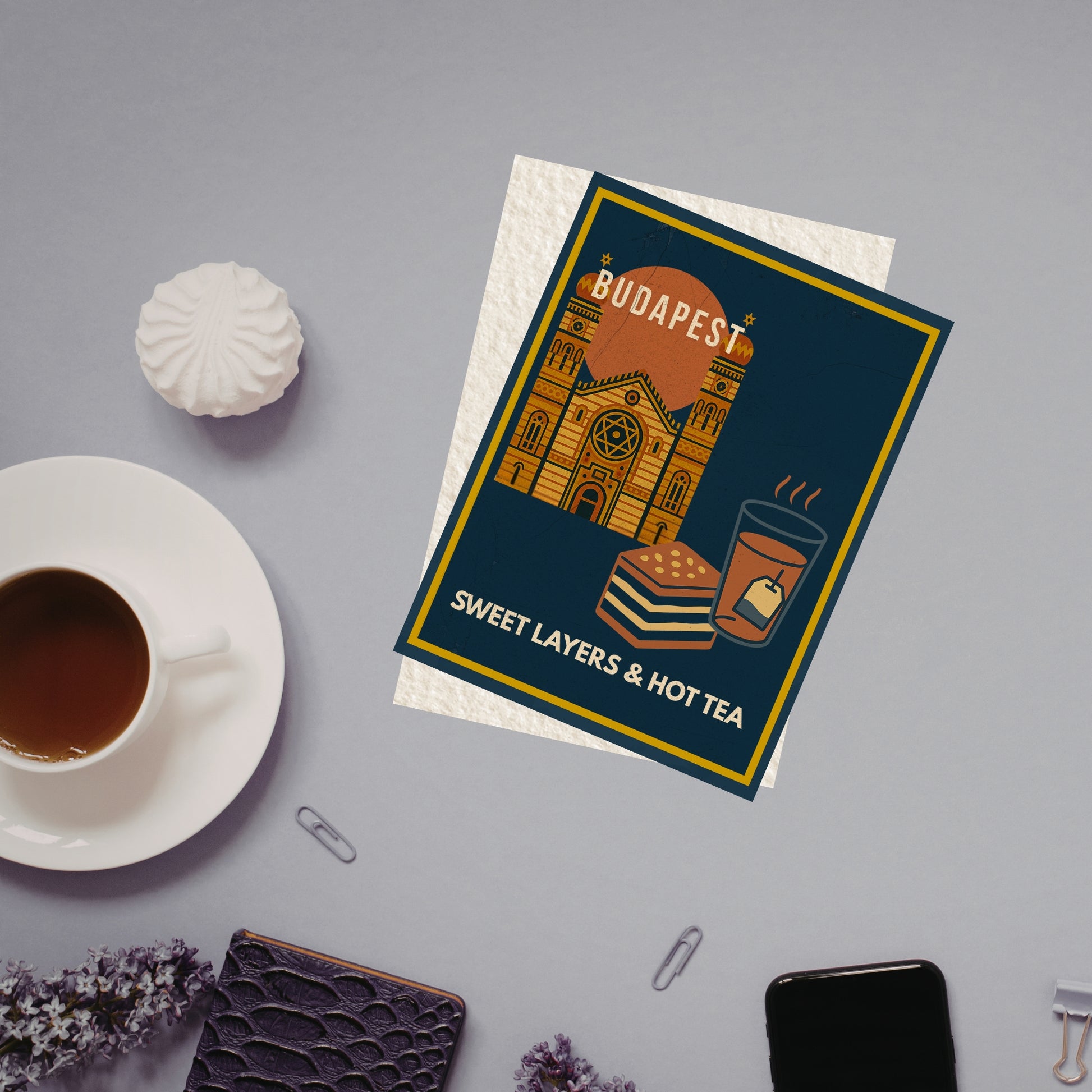 Budapest Urban Gastro poster flatlay on a creative desk.