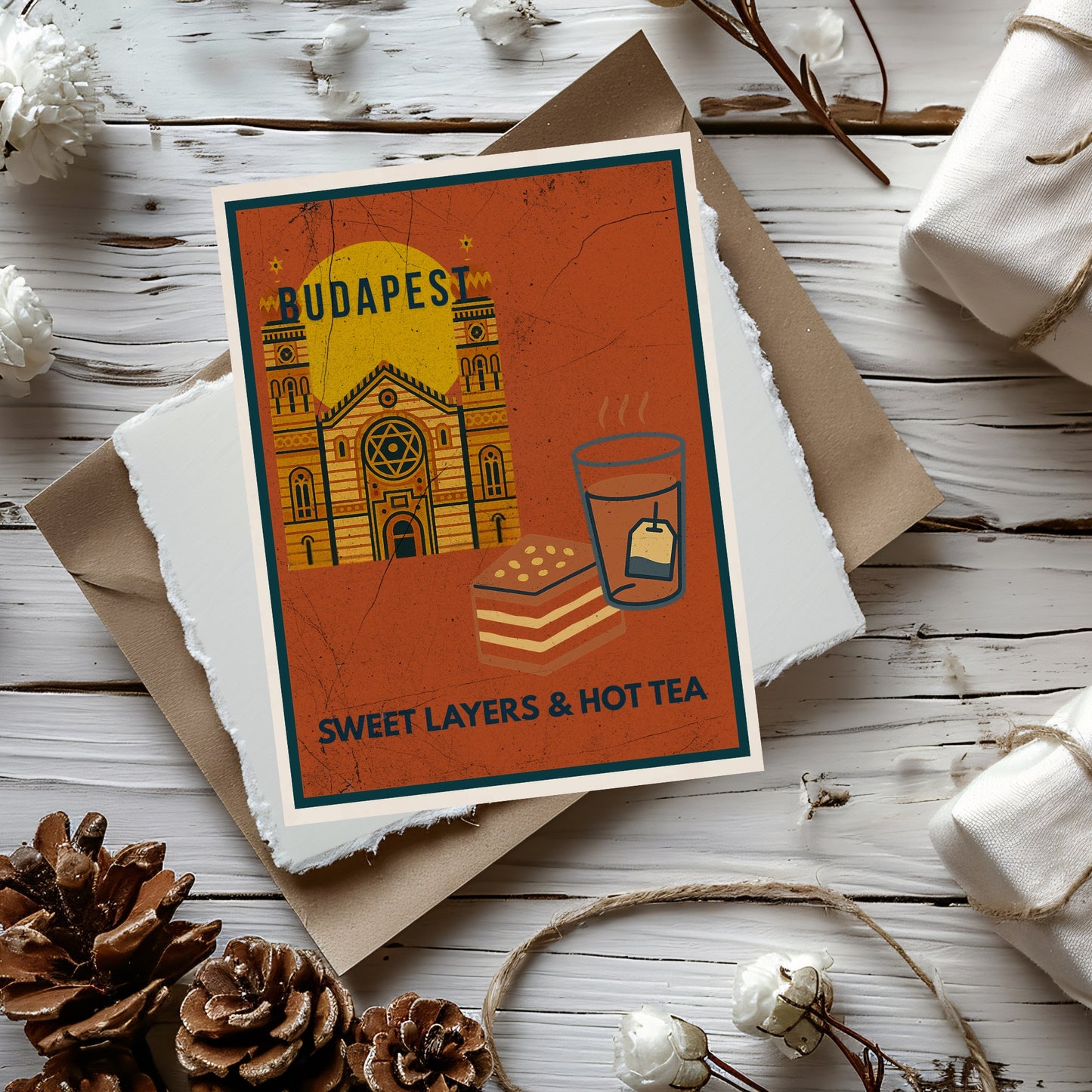 Budapest Sweet Layers & Hot Tea art print photographed in a flat lay with textured paper, gift wrapping elements and warm, neutral styling.