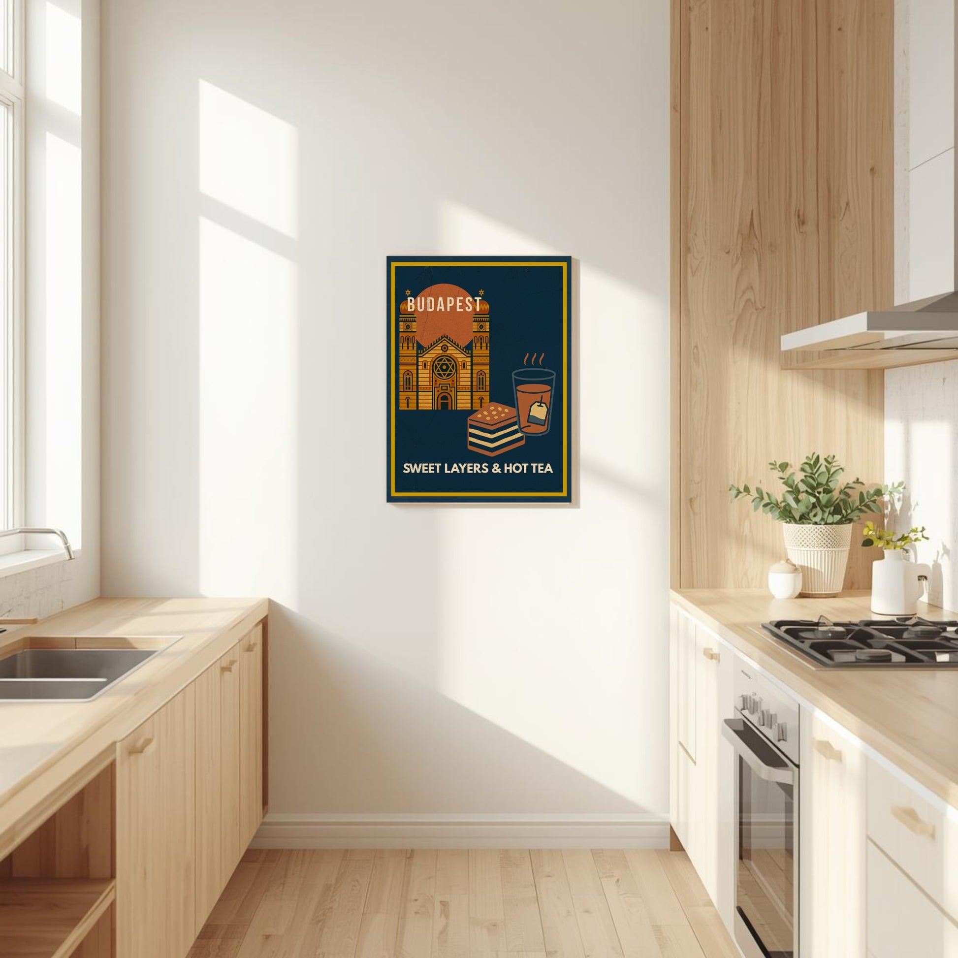 Framed Budapest Urban Gastro poster in a light, modern kitchen with soft neutral tones.