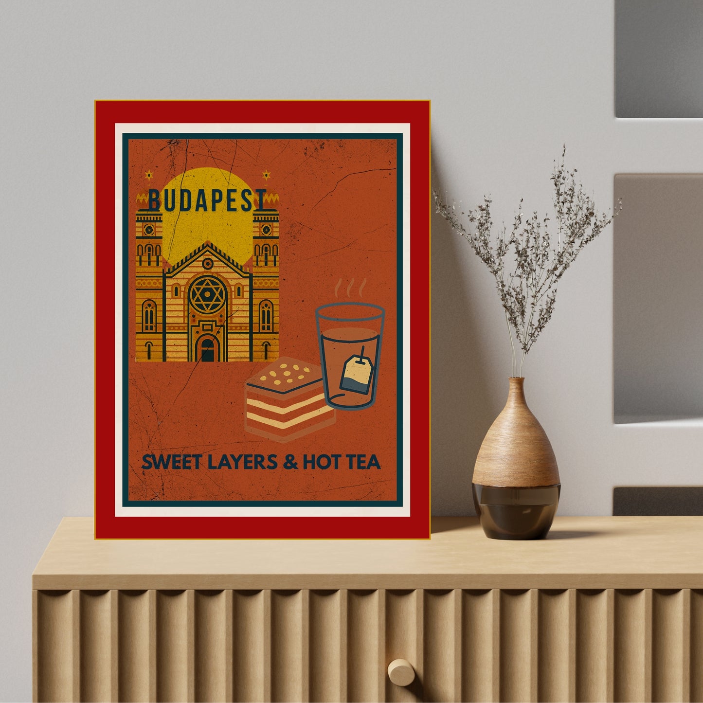 Budapest Sweet Layers & Hot Tea wall art shown in a calm, modern home interior above a wooden sideboard with minimal decor.