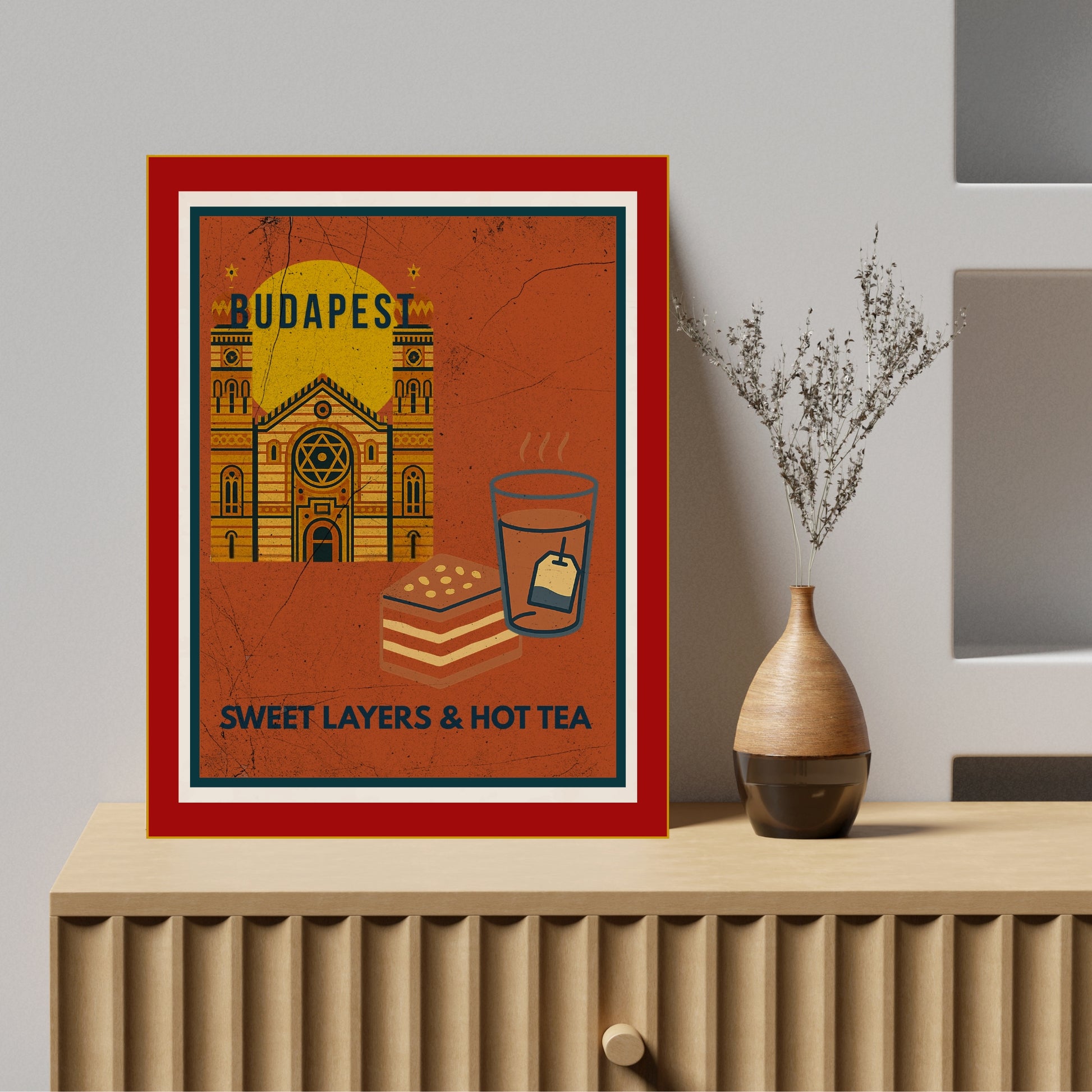 Budapest Sweet Layers & Hot Tea wall art shown in a calm, modern home interior above a wooden sideboard with minimal decor.