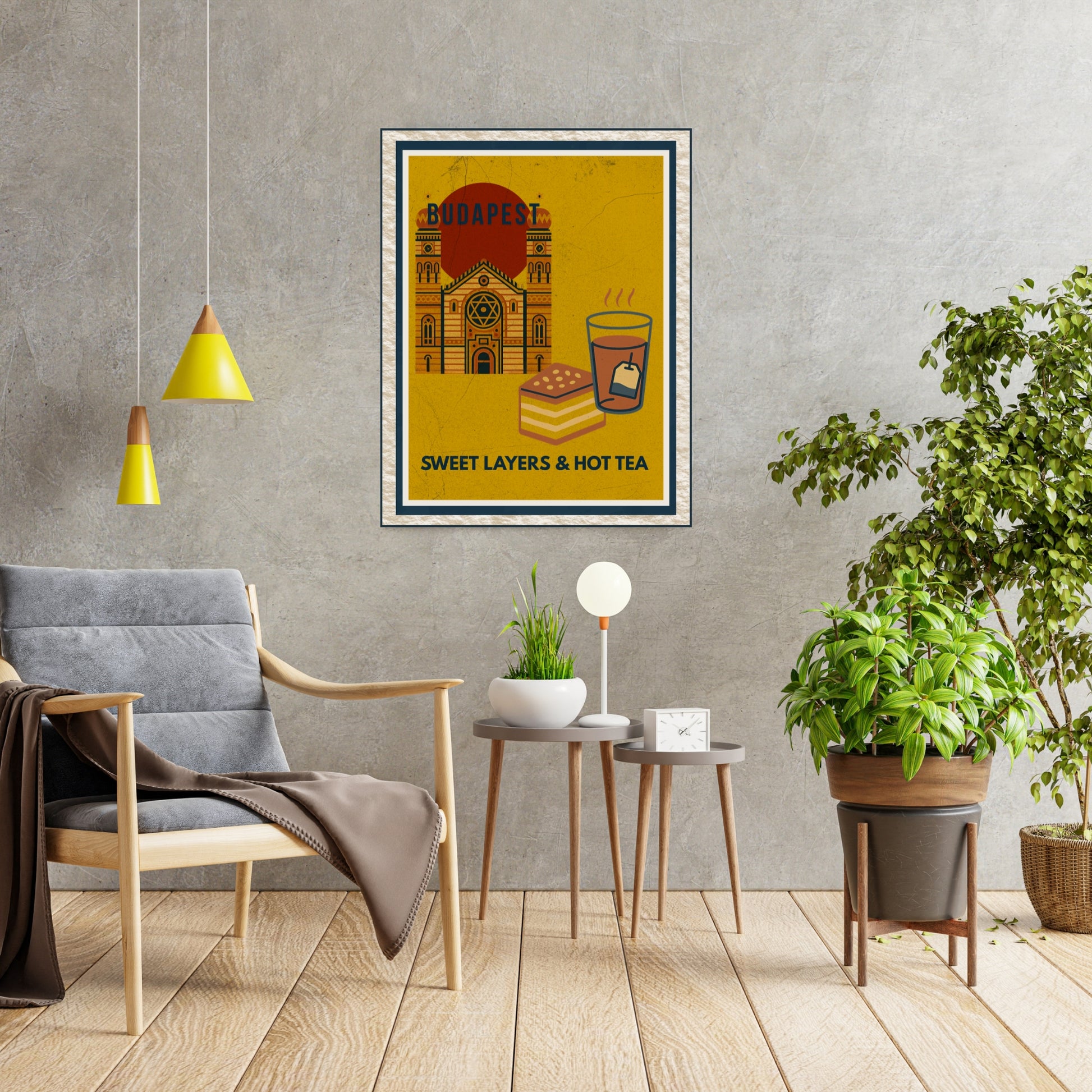 Budapest Sweet Layers & Hot Tea wall art framed in a modern living room with Scandinavian-style furniture, plants, and soft natural light
