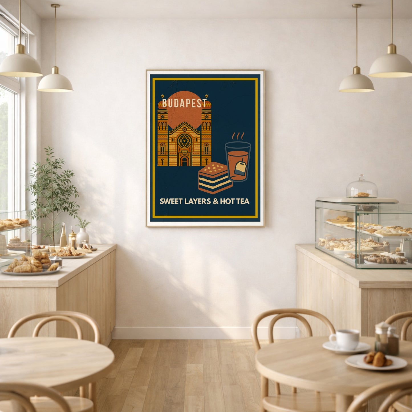 Budapest Urban Gastro wall art displayed in a bright, welcoming pastry shop interior.