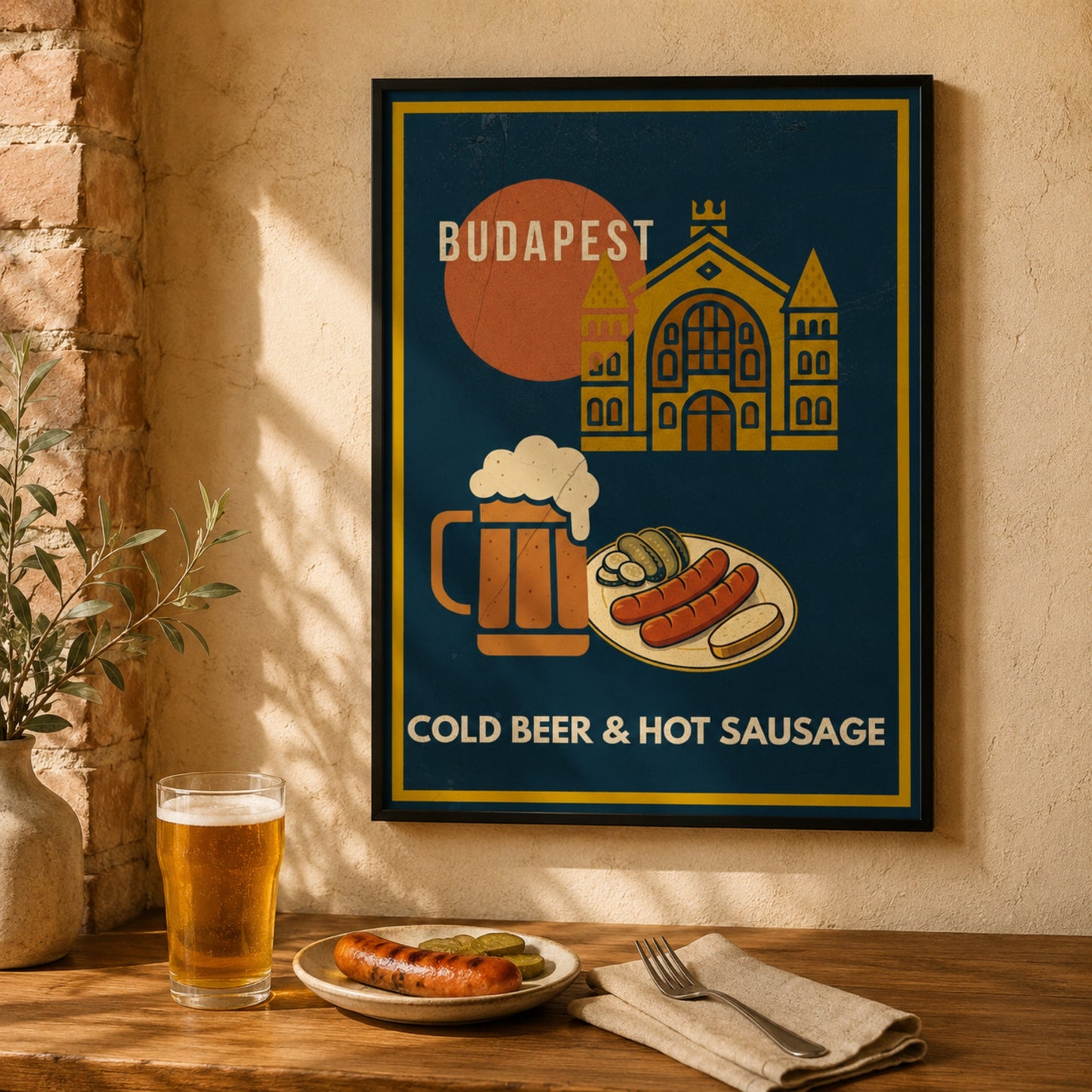 Cold Beer & Hot Sausage framed Budapest Urban Gastro poster on a warm kitchen wall with a glass Beer