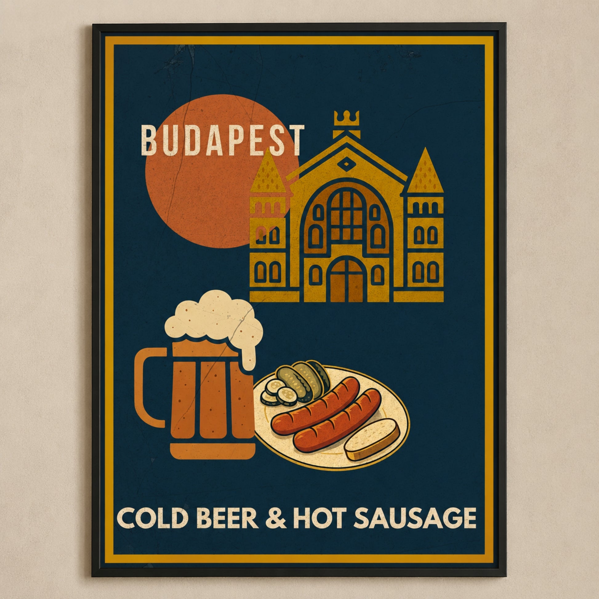 Close view of the Cold Beer & Hot Sausage framed Budapest poster showing the artwork and black frame