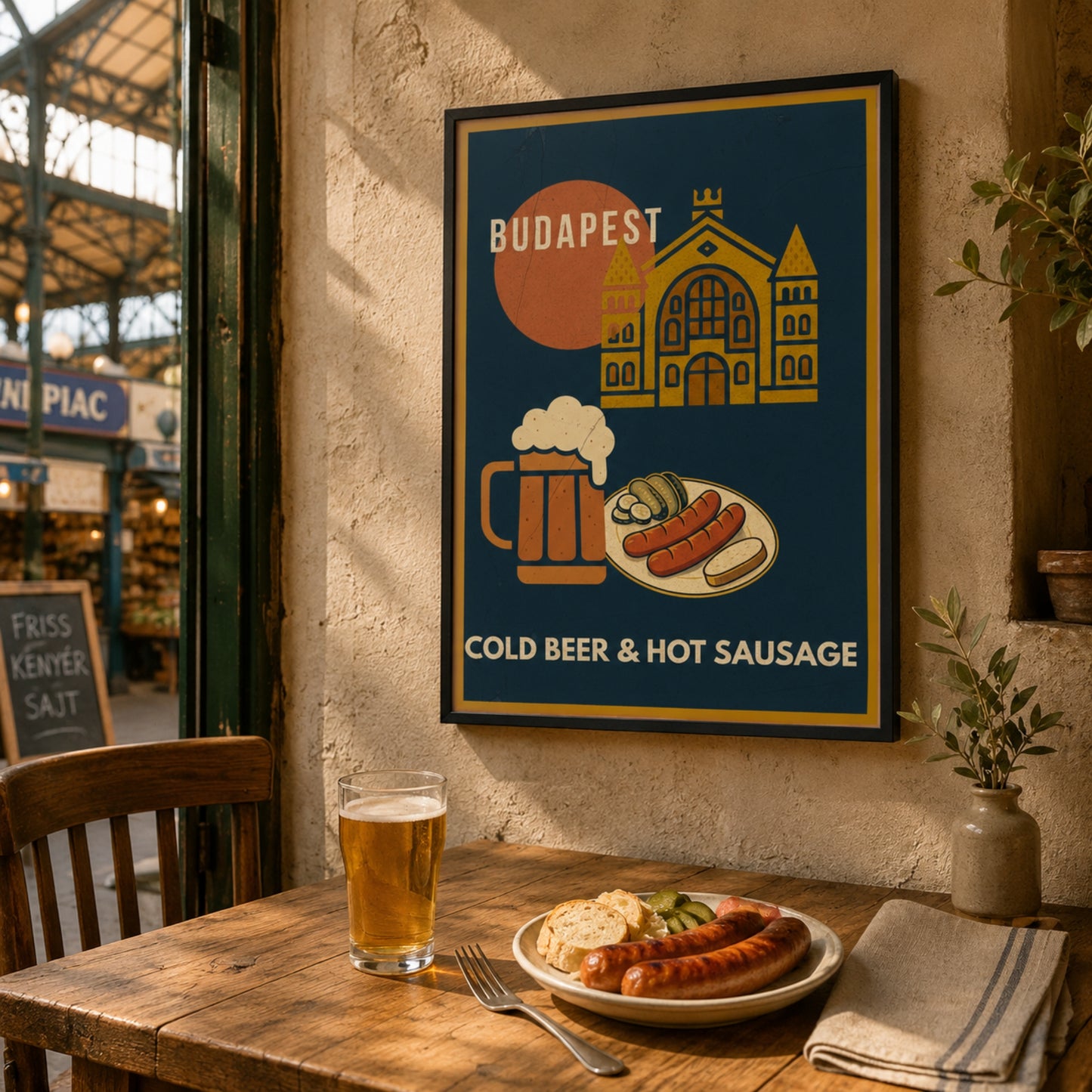 Cold Beer & Hot Sausage framed poster displayed in a warm Bistro Budapest-Market Hall

