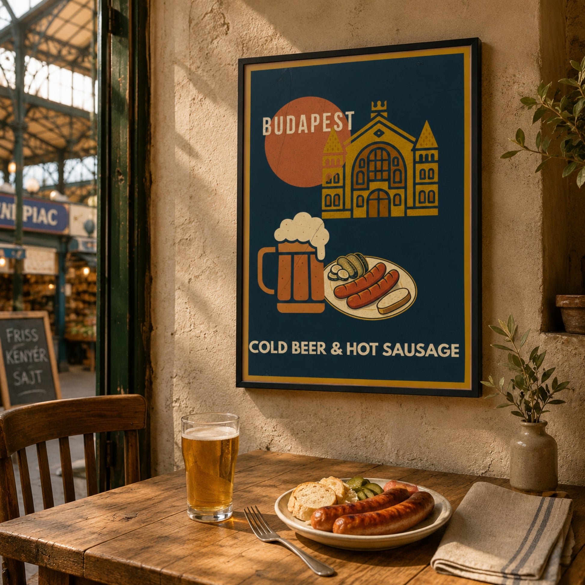Cold Beer & Hot Sausage framed poster displayed in a warm Bistro Budapest-Market Hall
