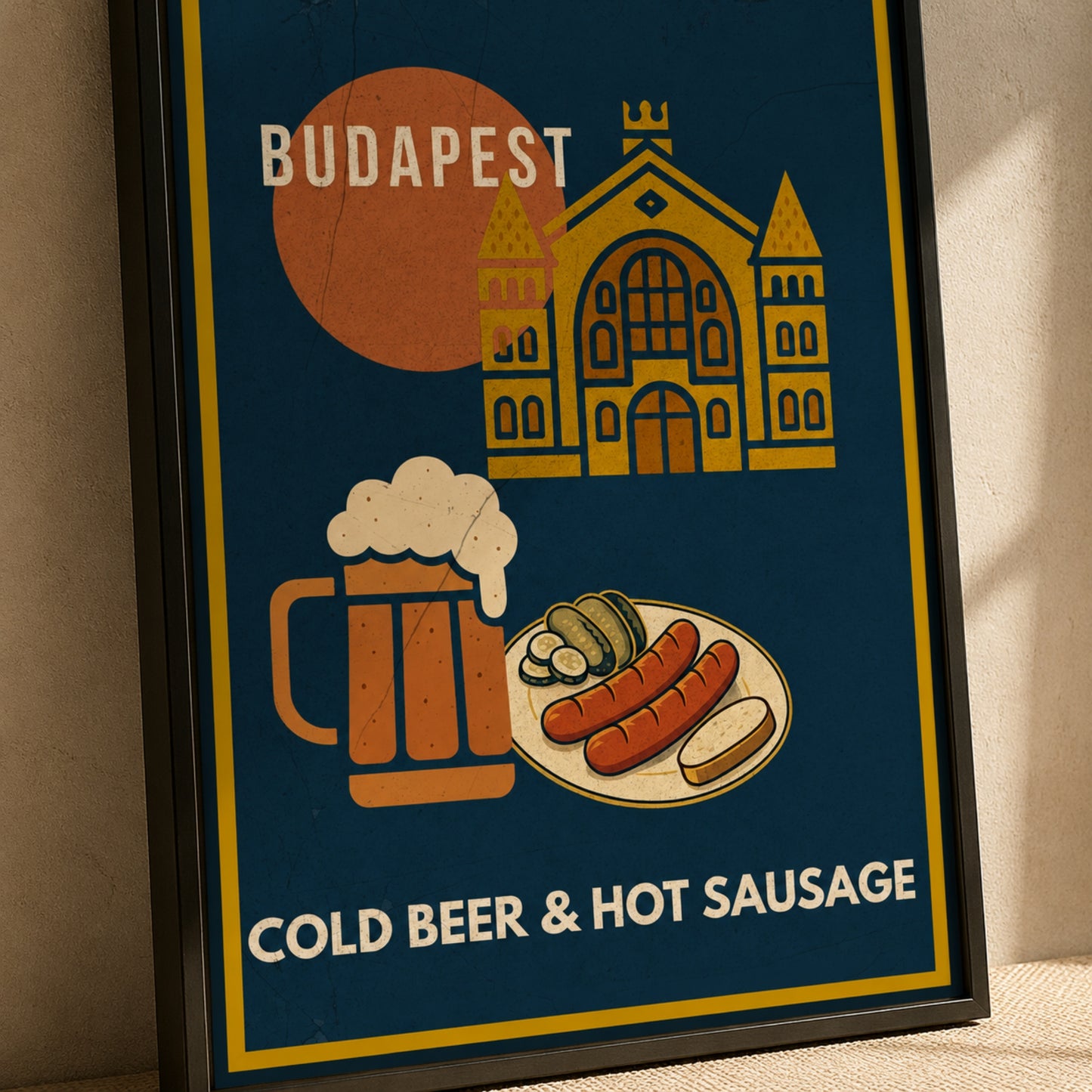 Detail view of the Cold Beer & Hot Sausage framed poster with artwork crop and black frame
