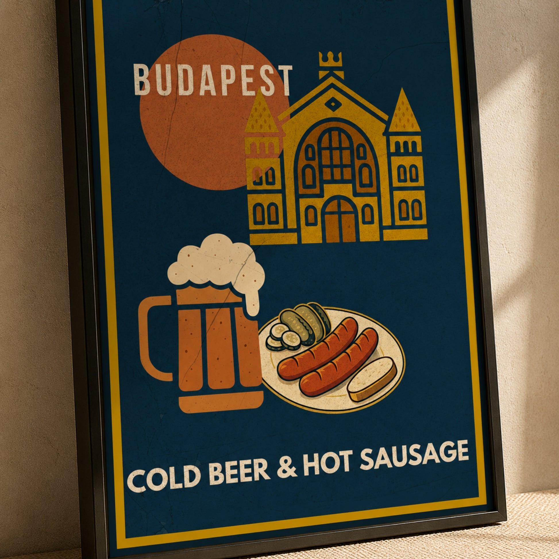 Detail view of the Cold Beer & Hot Sausage framed poster with artwork crop and black frame
