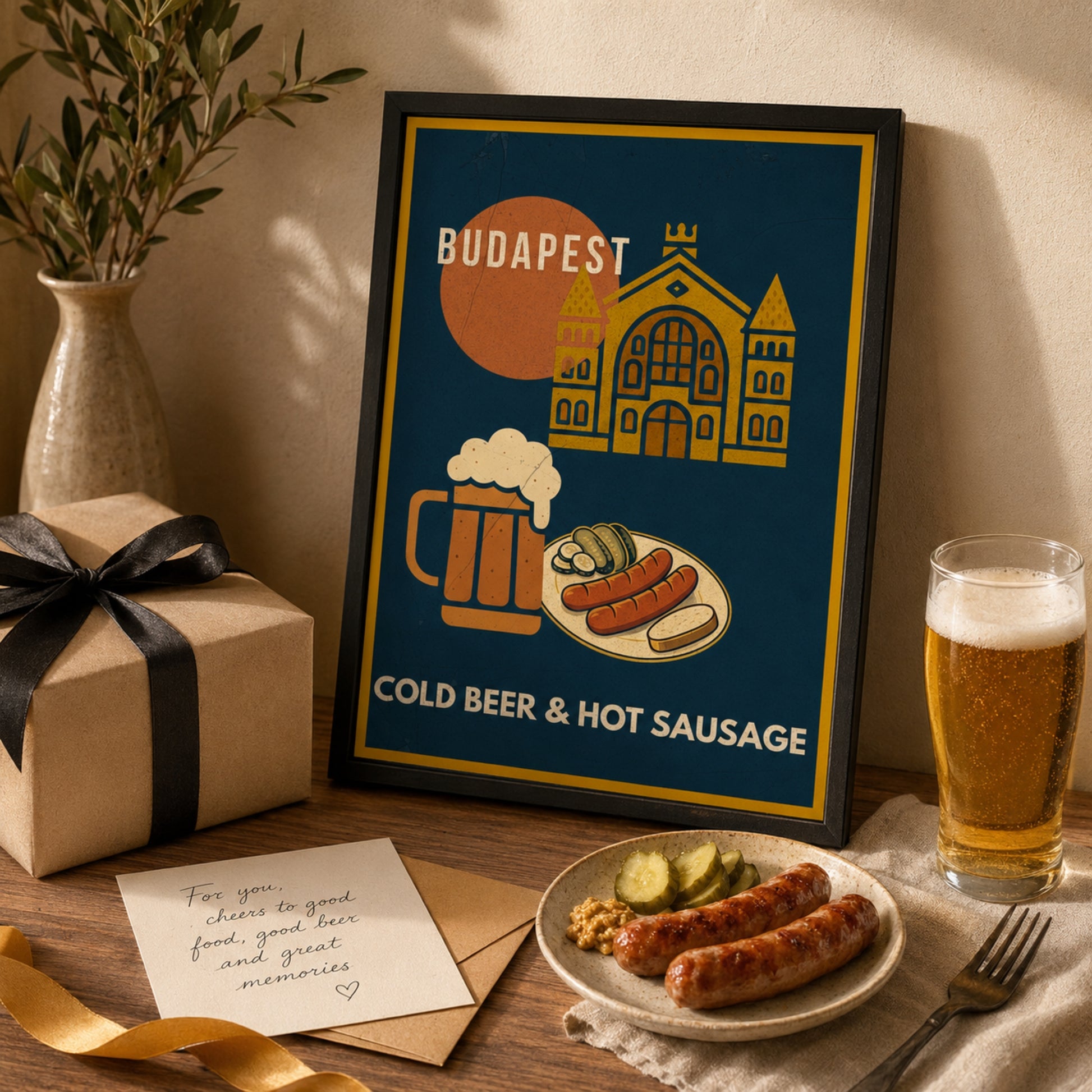 Cold Beer & Hot Sausage Budapest poster styled as a thoughtful gift for food and travel lovers