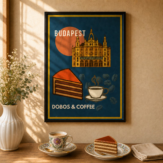 Dobos & Coffee framed Budapest Urban Gastro poster on a warm kitchen wall with  Coffe

